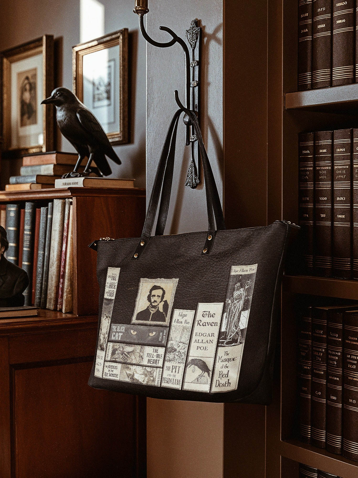 "Poe's Library" Ashen Black Leather Tote Bag