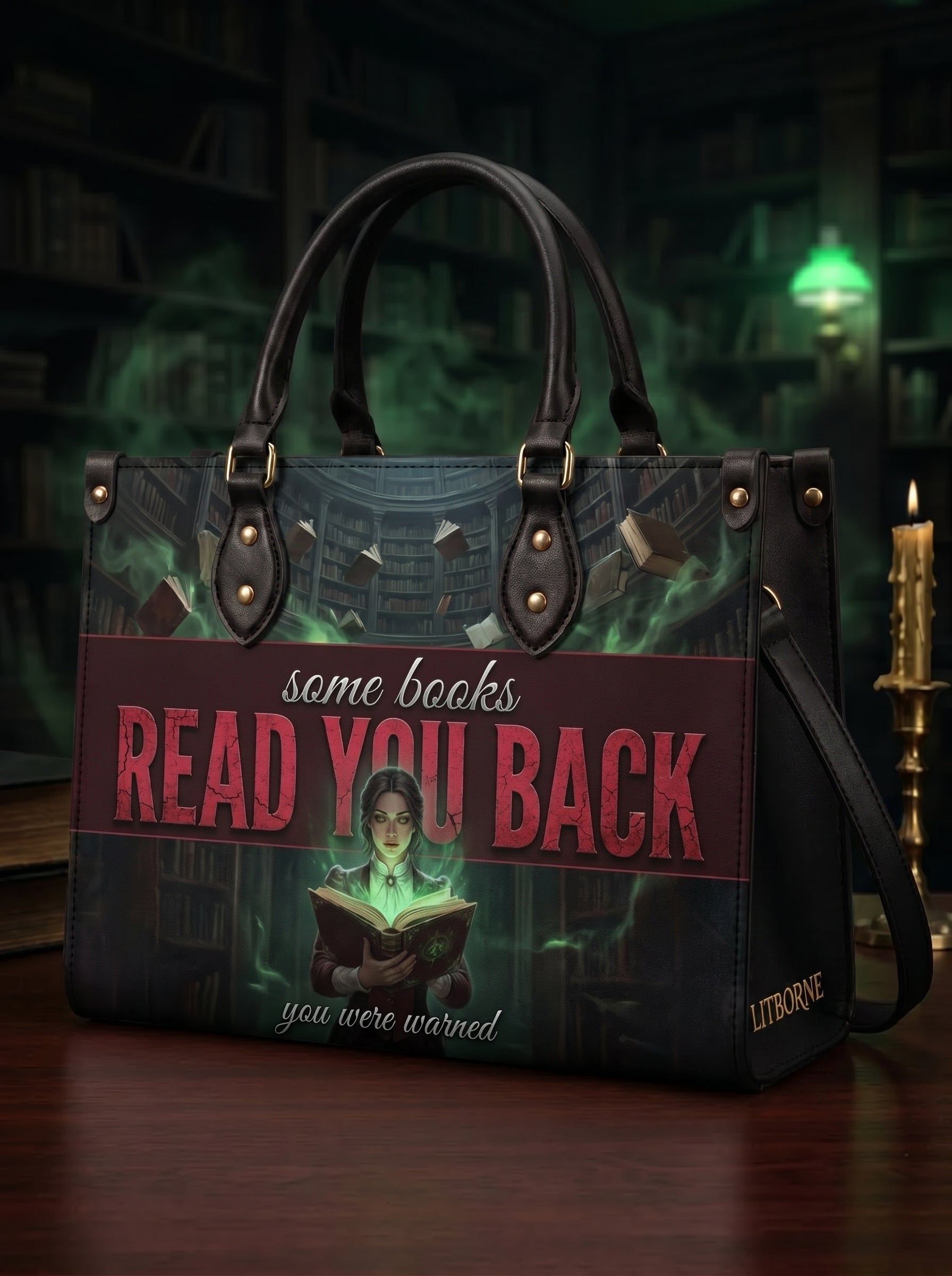"Some Books Read You Back" Forbidden Library Leather Handbag - 01-strap