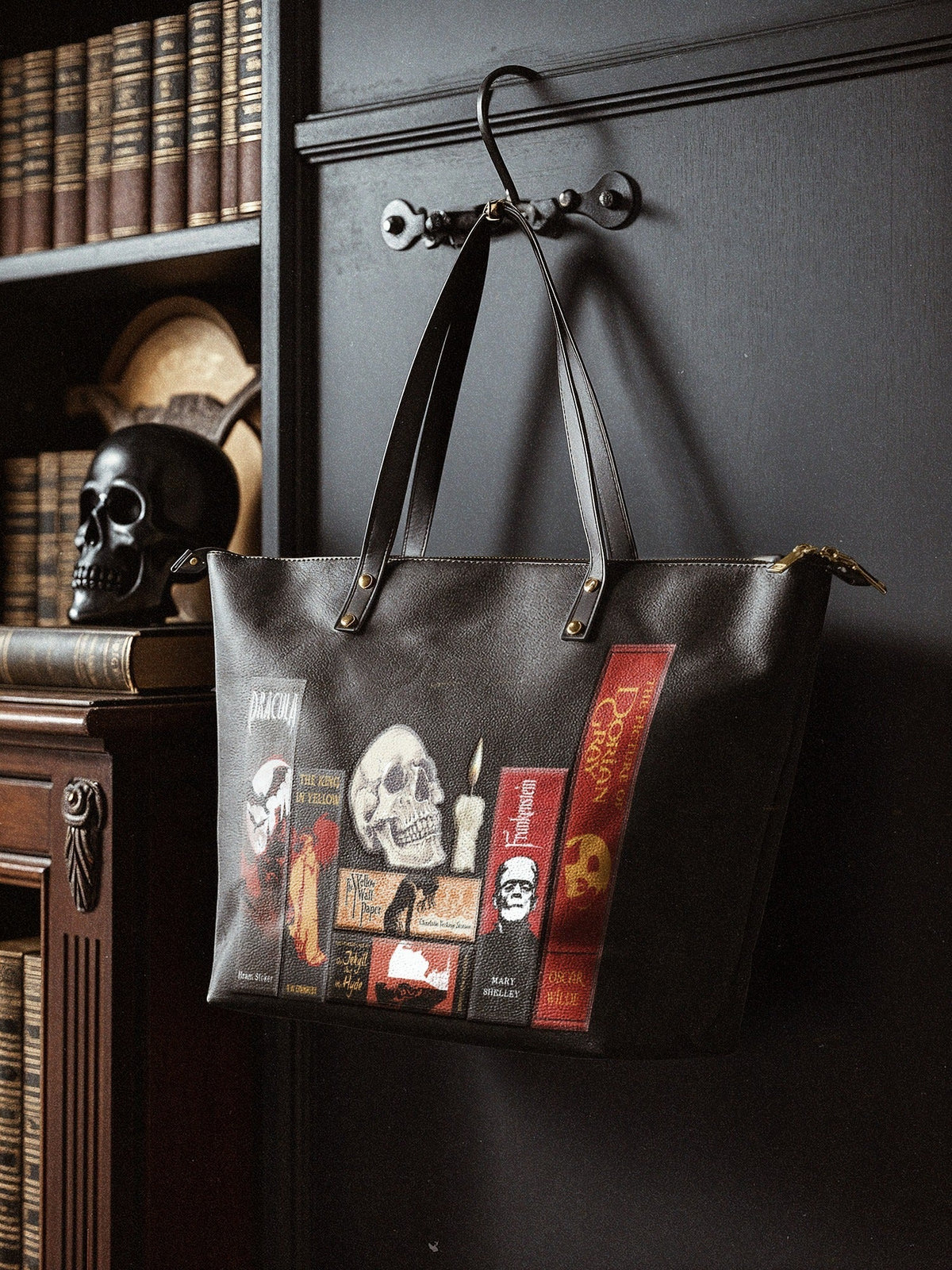 "The Codex of Gothic Tales" Deadlight Black Leather Tote Bag