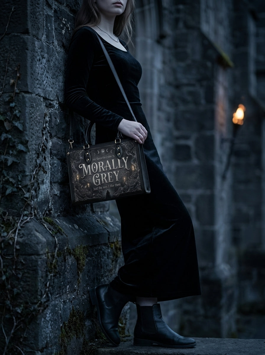 "Loyal To The Wrong Crown" Morally Grey Leather Handbag - 02-inuse-stone-wall