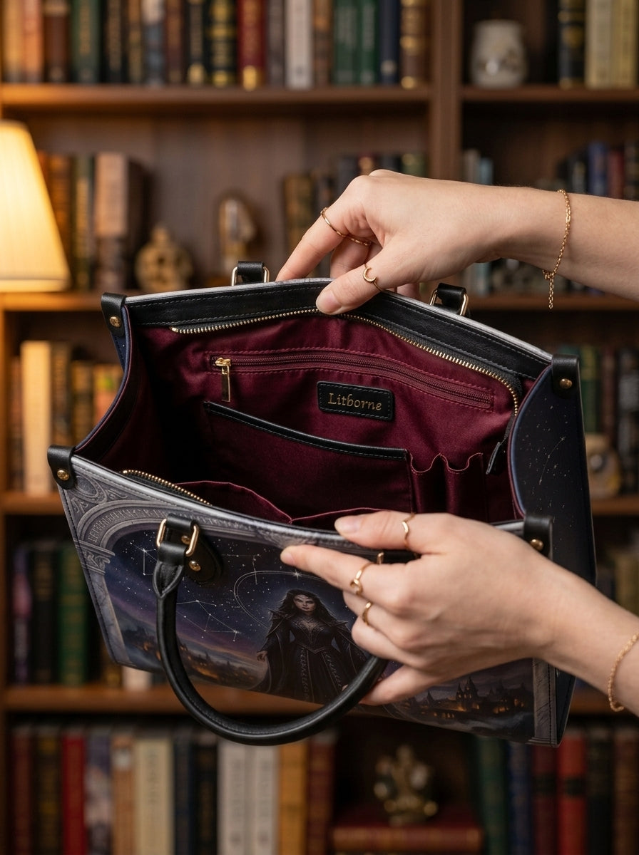 "Crowned in Constellations" Star Queen Leather Handbag - 03-inuse-hands