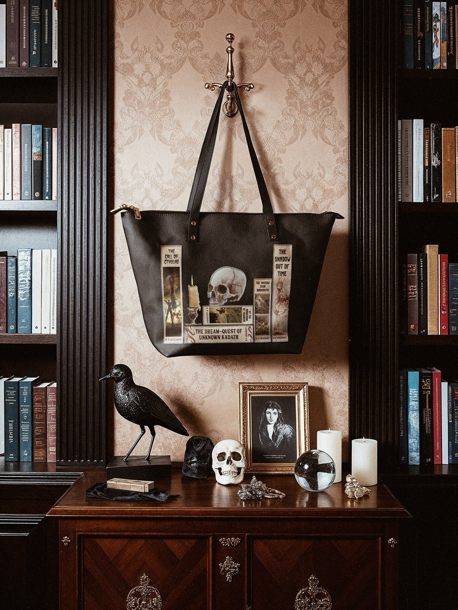 "Lovecraftian" Black Leather Tote Bag
