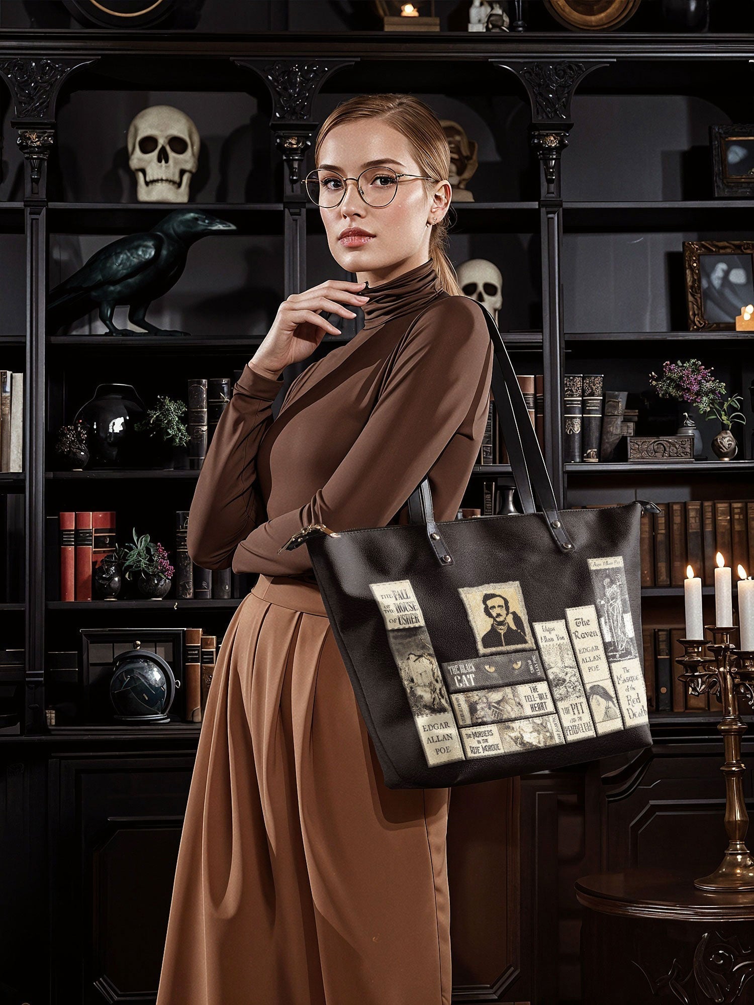 "Poe's Library" Ashen Black Leather Tote Bag
