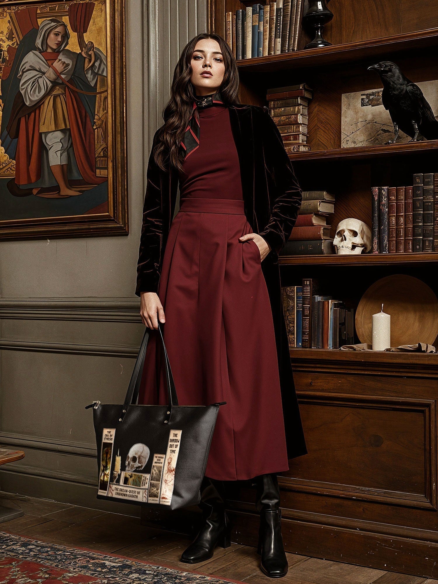 "Lovecraftian" Black Leather Tote Bag