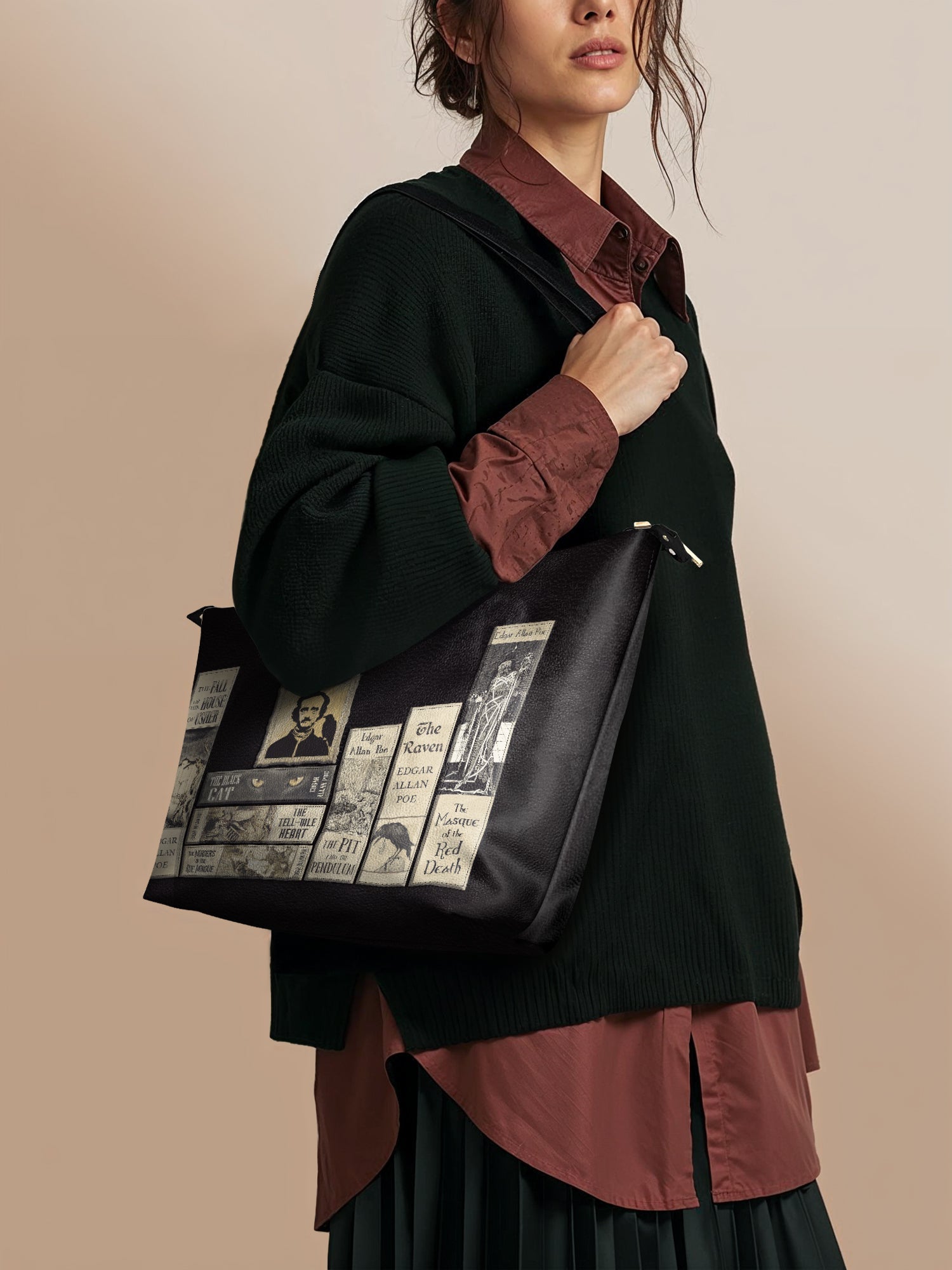"Poe's Library" Ashen Black Leather Tote Bag