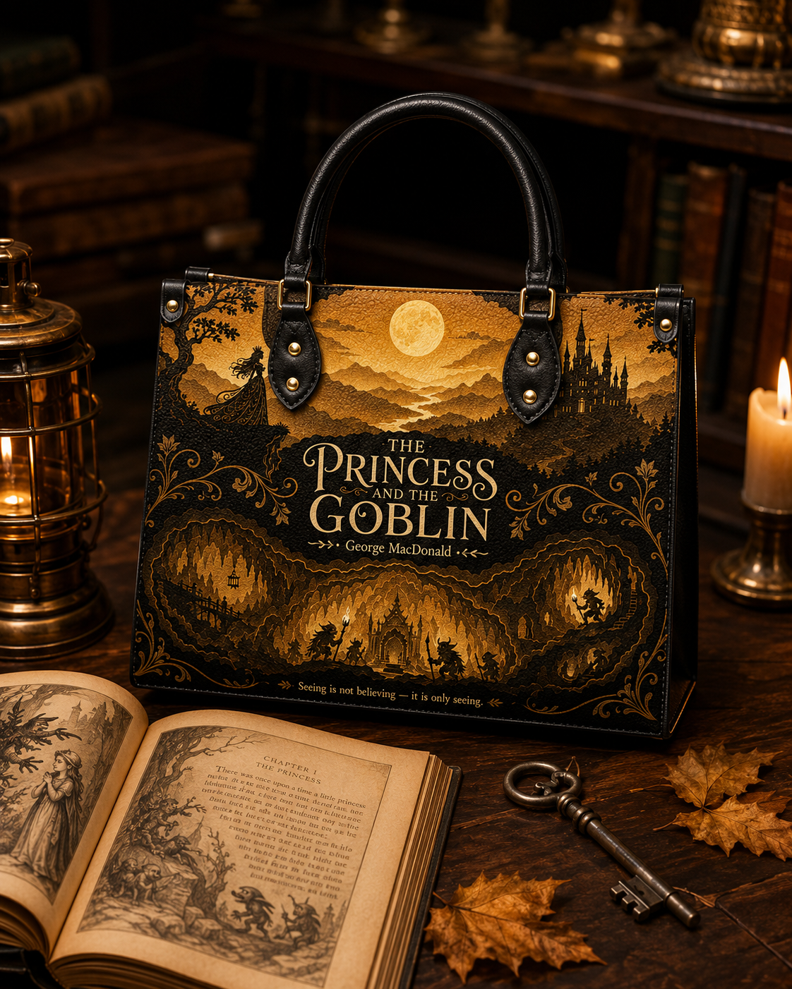 "The Princess and the Goblin" Goldlit Mountain Leather Handbag