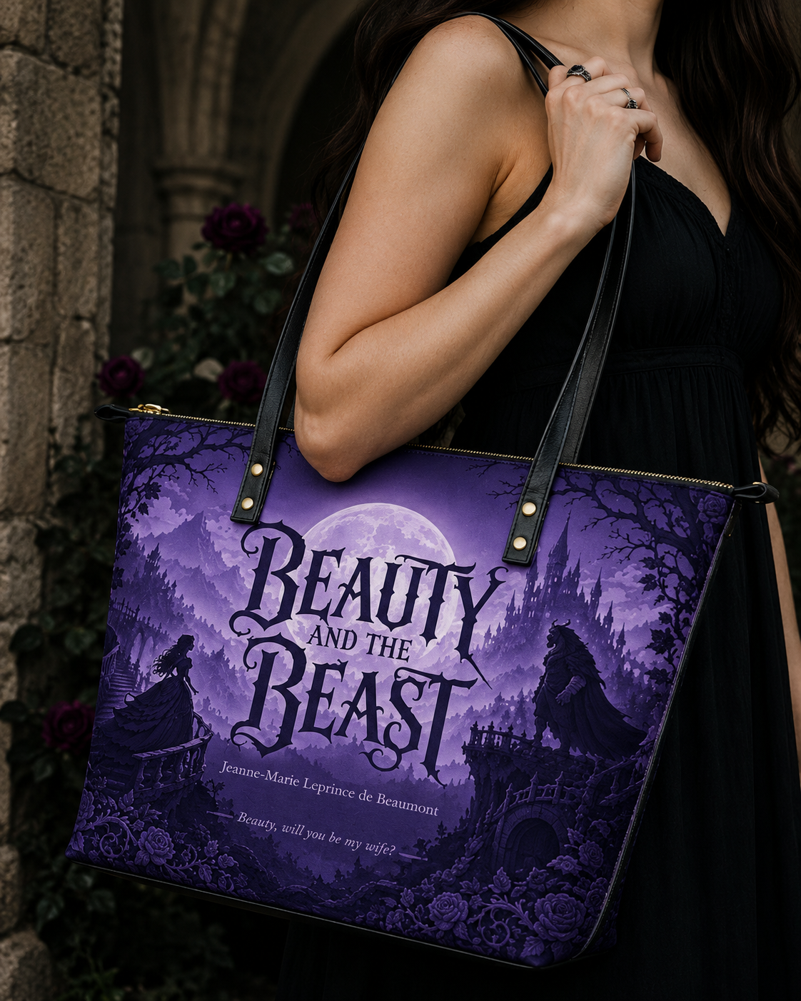 "Beauty and the Beast" Moonlit Rose Leather Tote Bag