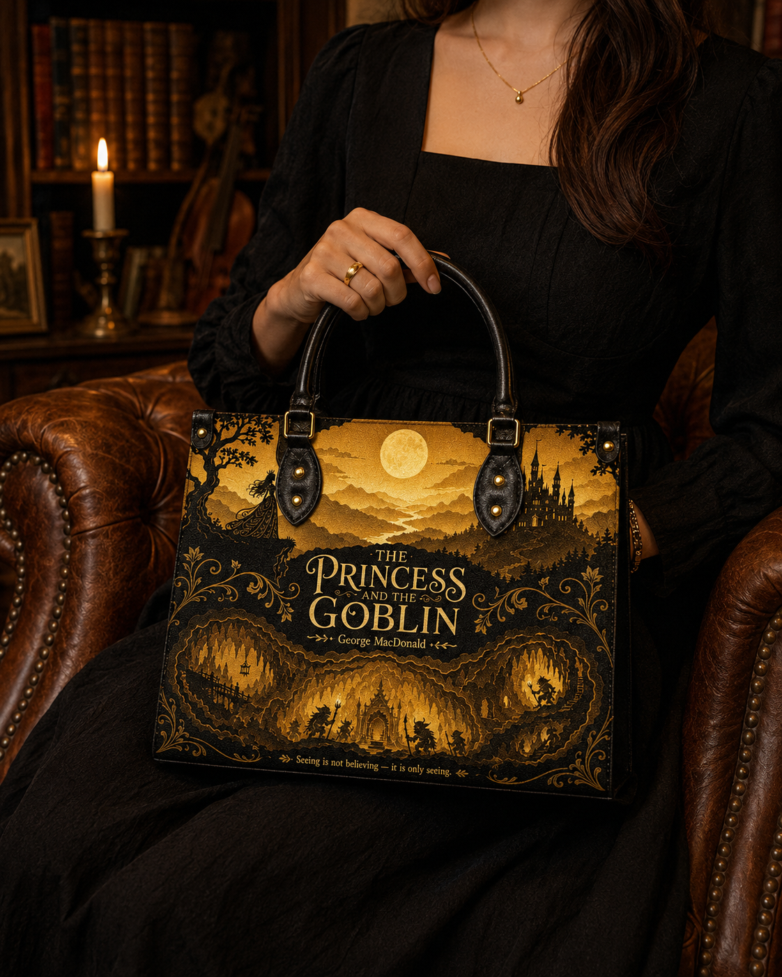 "The Princess and the Goblin" Goldlit Mountain Leather Handbag