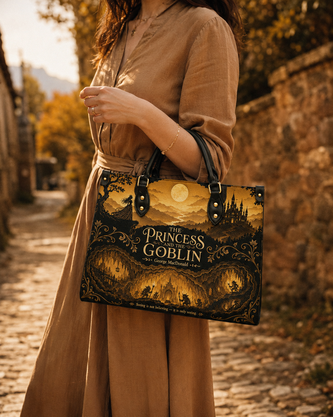 "The Princess and the Goblin" Goldlit Mountain Leather Handbag