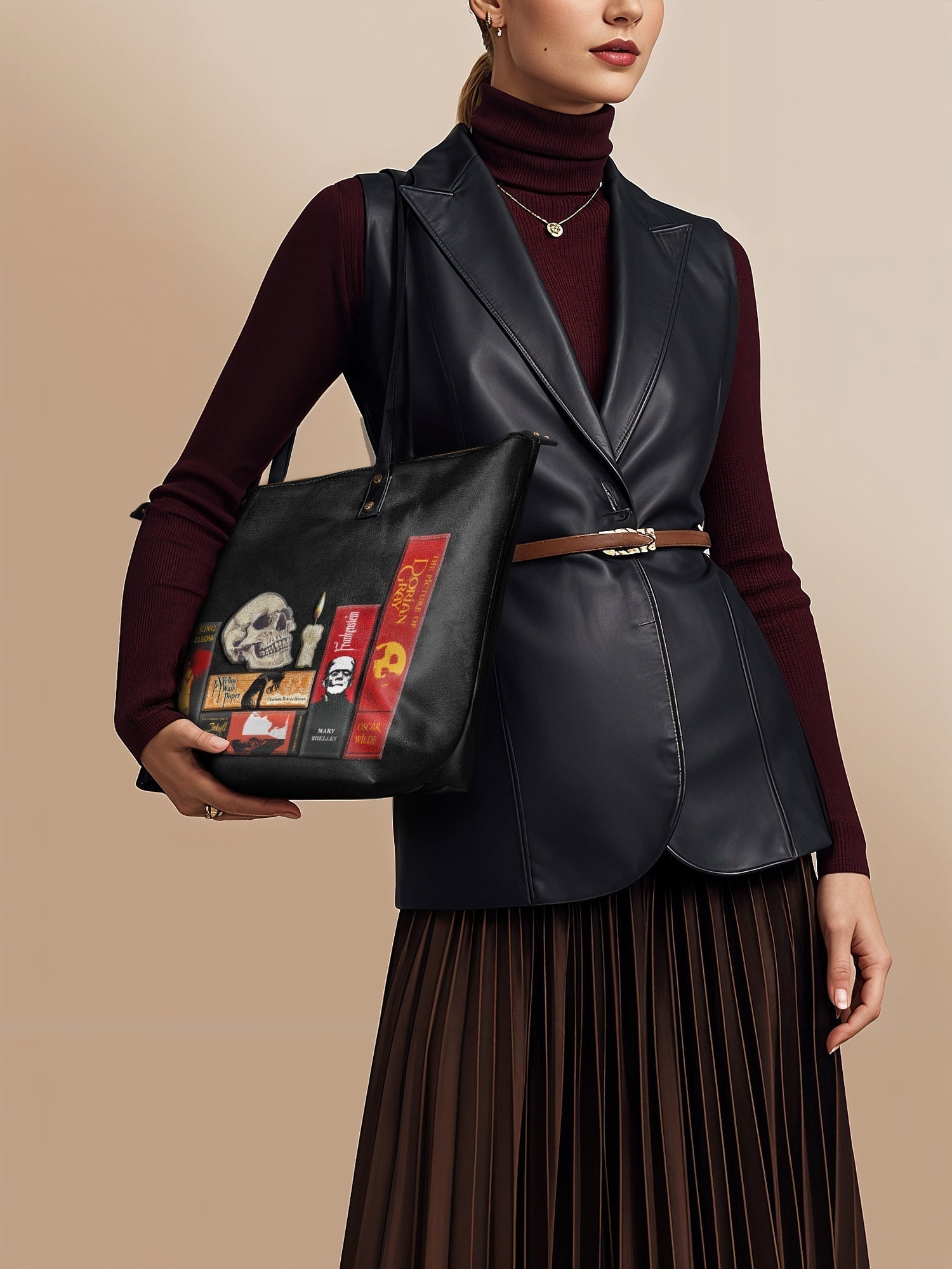 "The Codex of Gothic Tales" Deadlight Black Leather Tote Bag