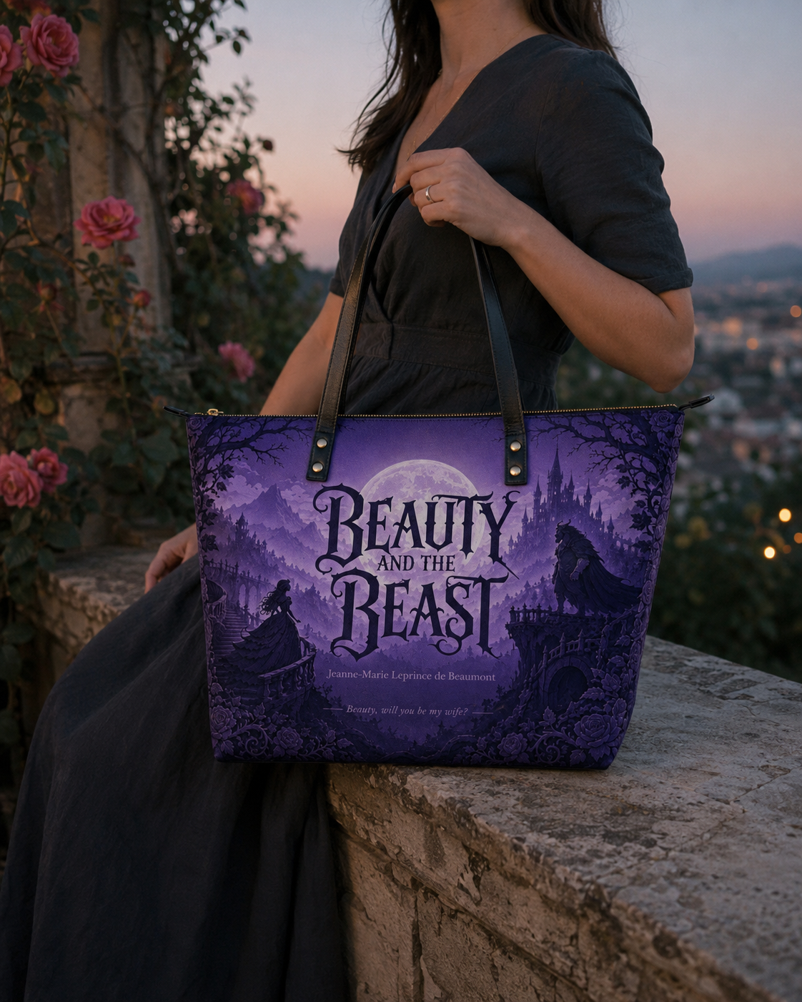 "Beauty and the Beast" Moonlit Rose Leather Tote Bag
