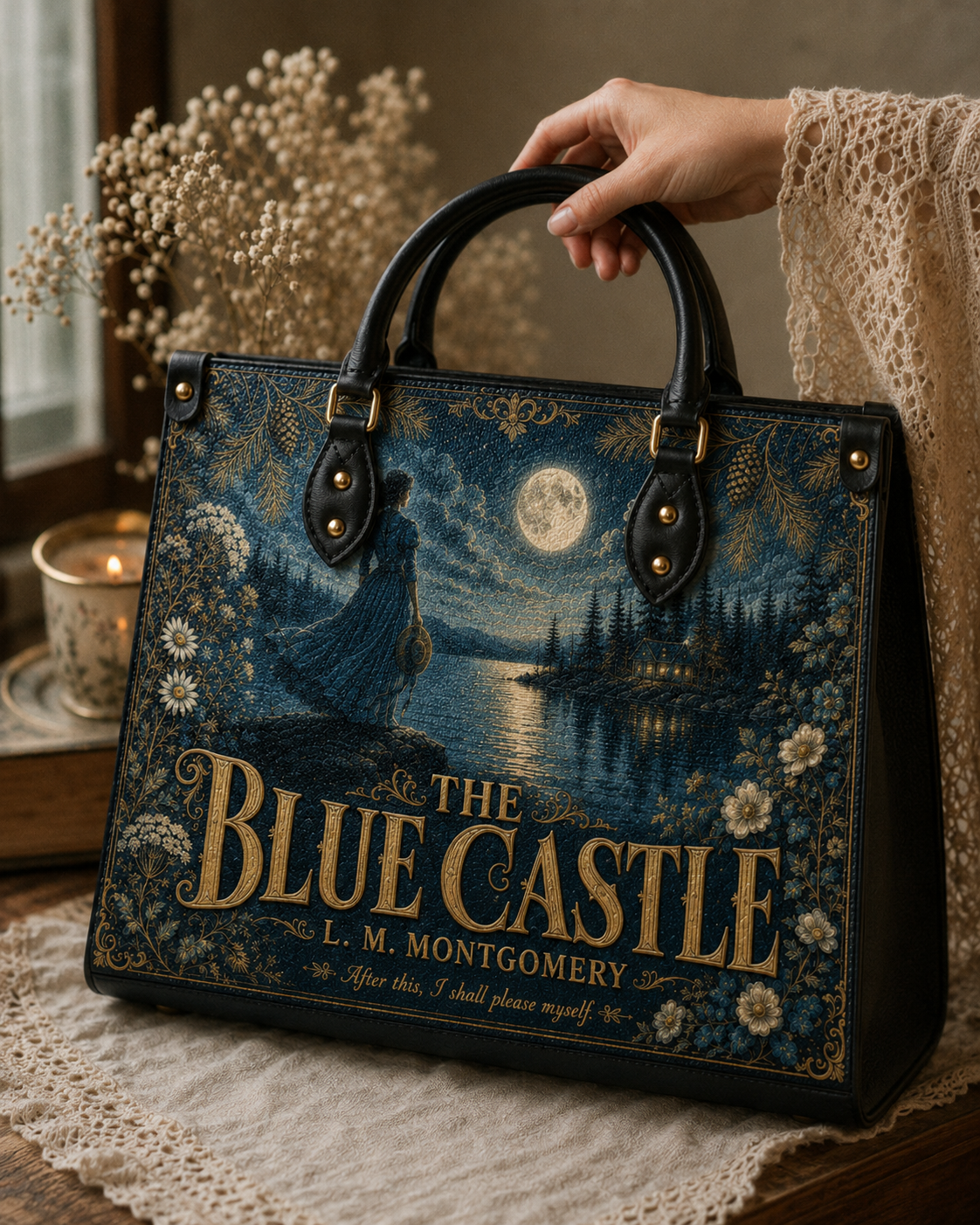 "The Blue Castle" Moonlit Lake Leather Handbag