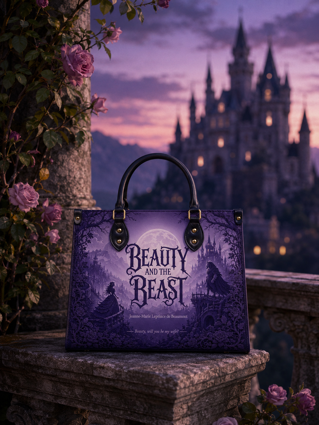 "Beauty and the Beast" Moonlit Rose Leather Handbag
