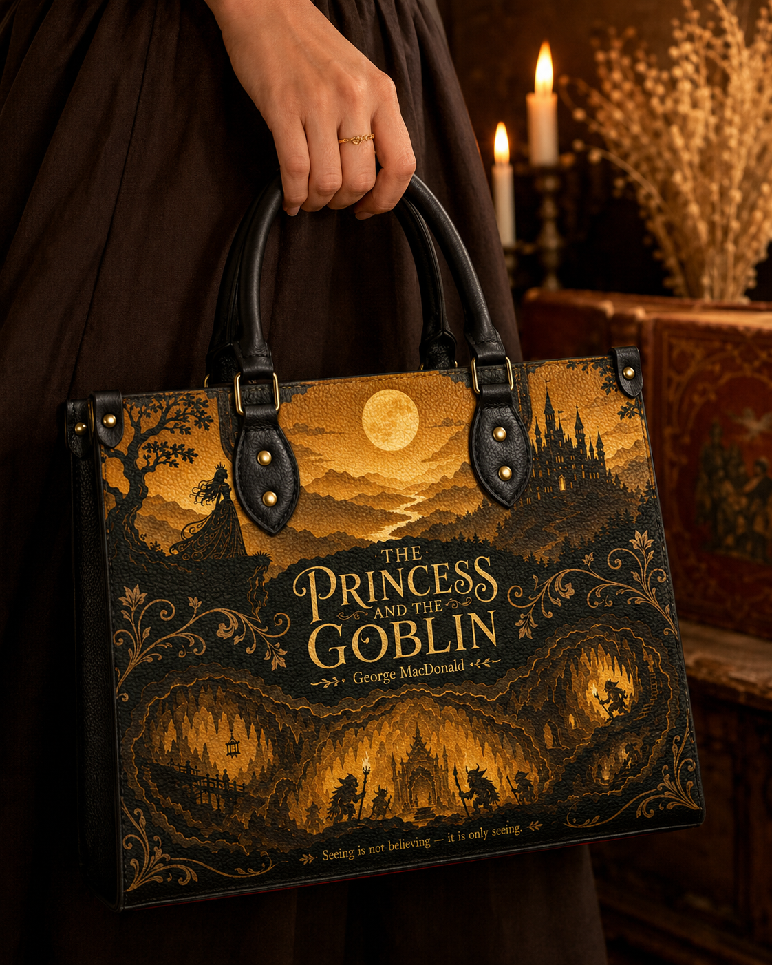"The Princess and the Goblin" Goldlit Mountain Leather Handbag