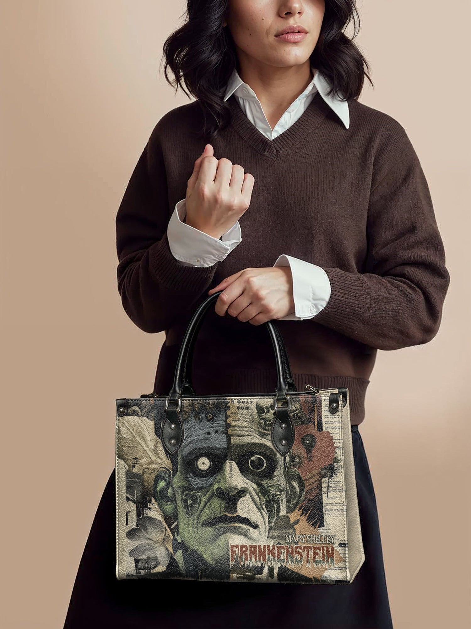"Frankenstein" Old Parchment - Black Interior - Leather Handbag