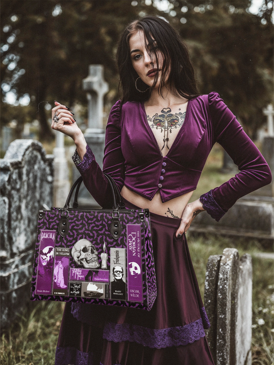 "The Codex of Gothic Tales" Violet Echo - Black Interior - Leather Handbag