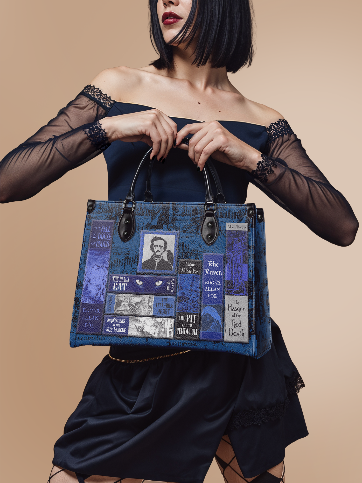 "Poe's Library" Midnight Ink - Black Interior - Leather Handbag