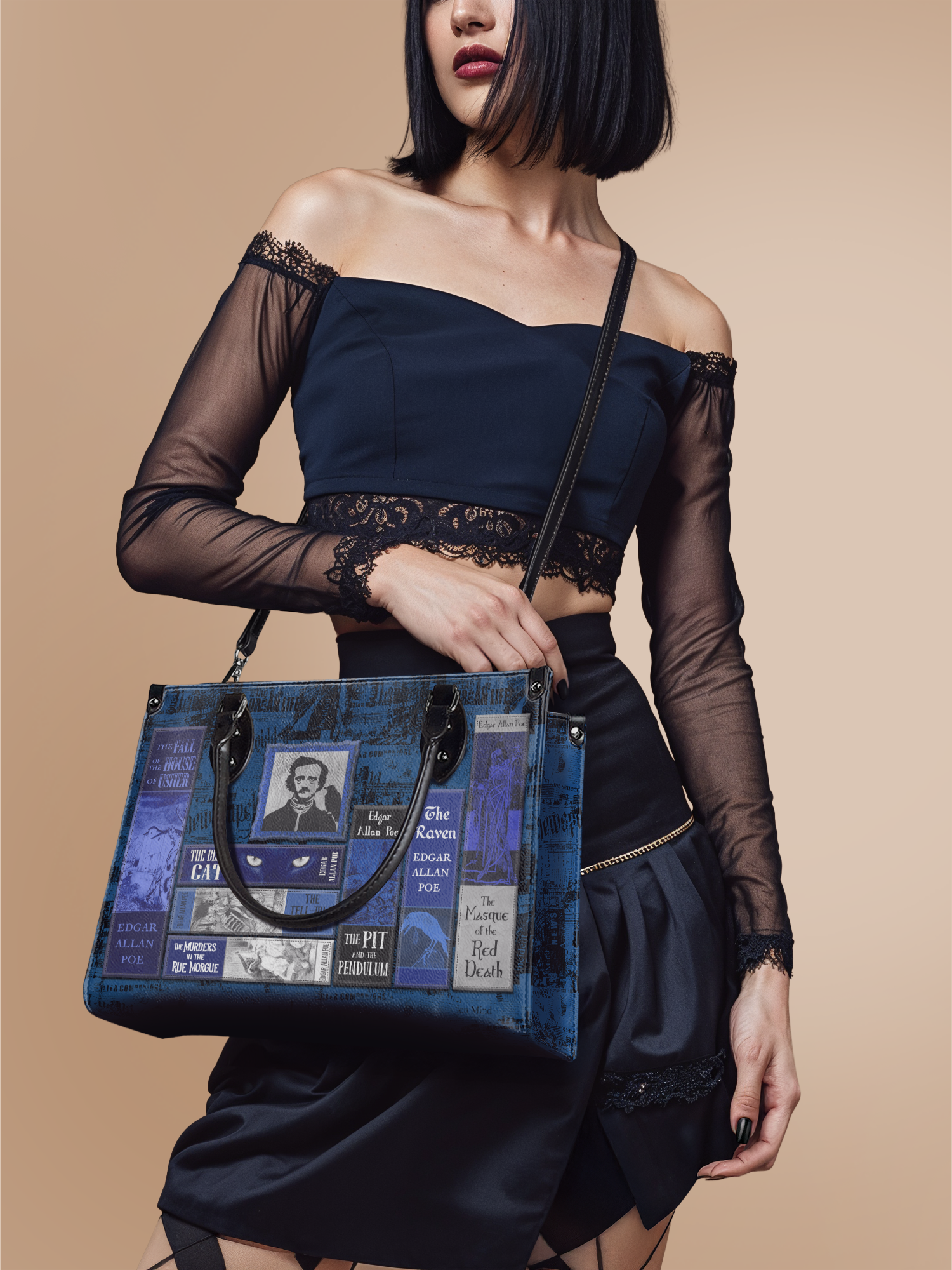 "Poe's Library" Midnight Ink - Black Interior - Leather Handbag