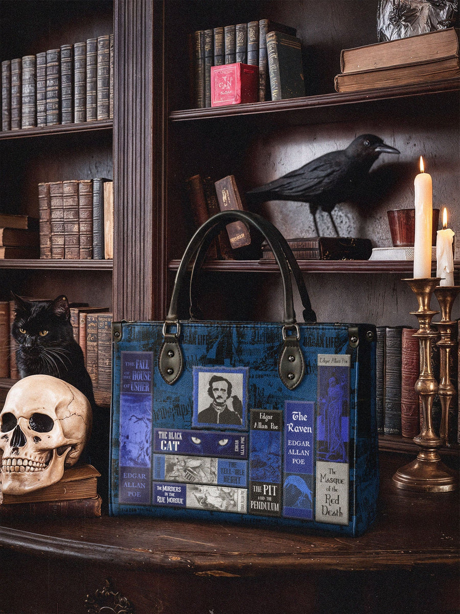 "Poe's Library" Midnight Ink - Black Interior - Leather Handbag
