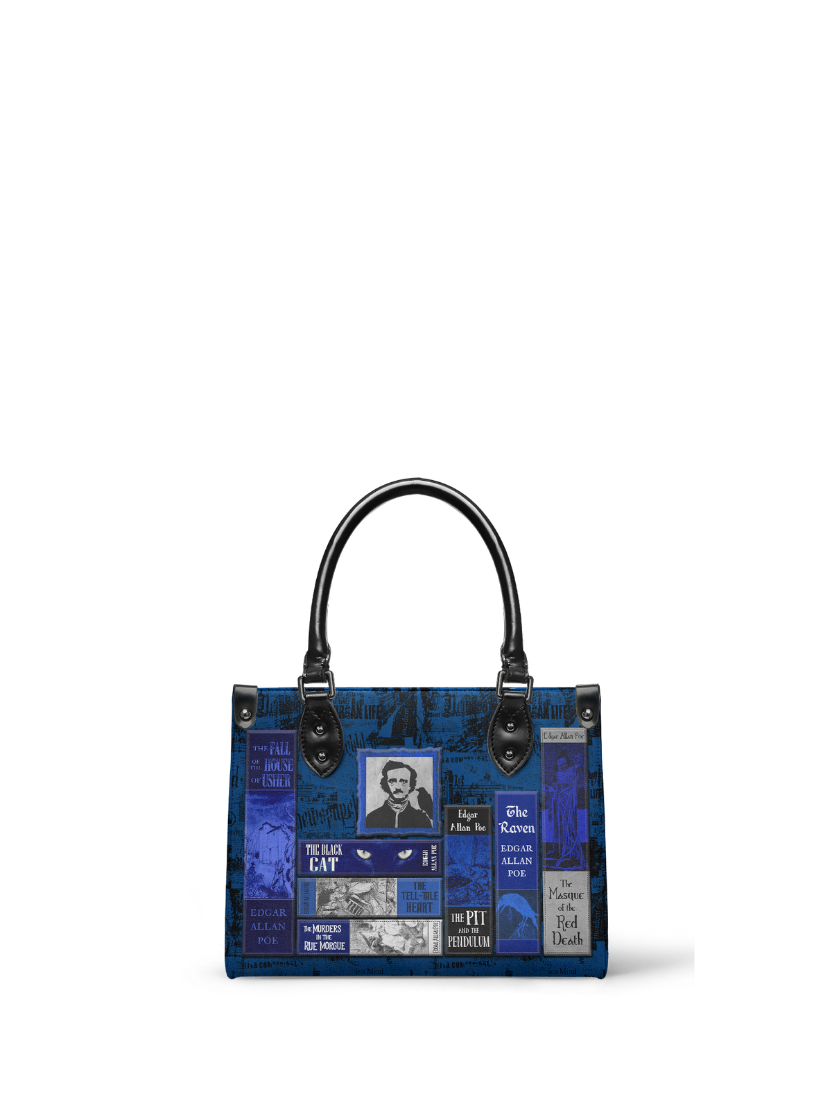 "Poe's Library" Midnight Ink - Black Interior - Small Leather Handbag