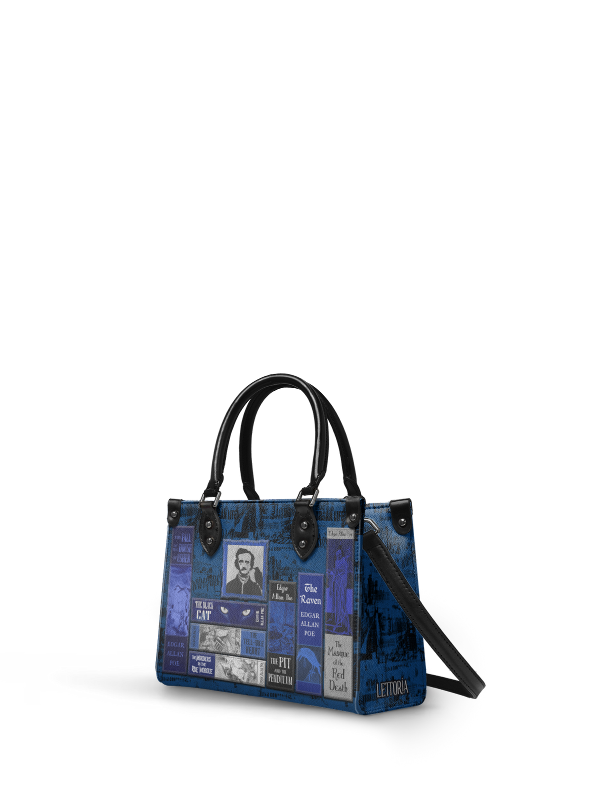 "Poe's Library" Midnight Ink - Black Interior - Small Leather Handbag