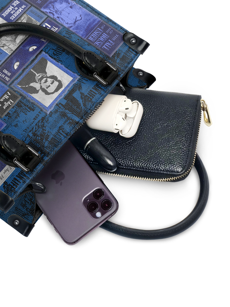 "Poe's Library" Midnight Ink - Black Interior - Small Leather Handbag