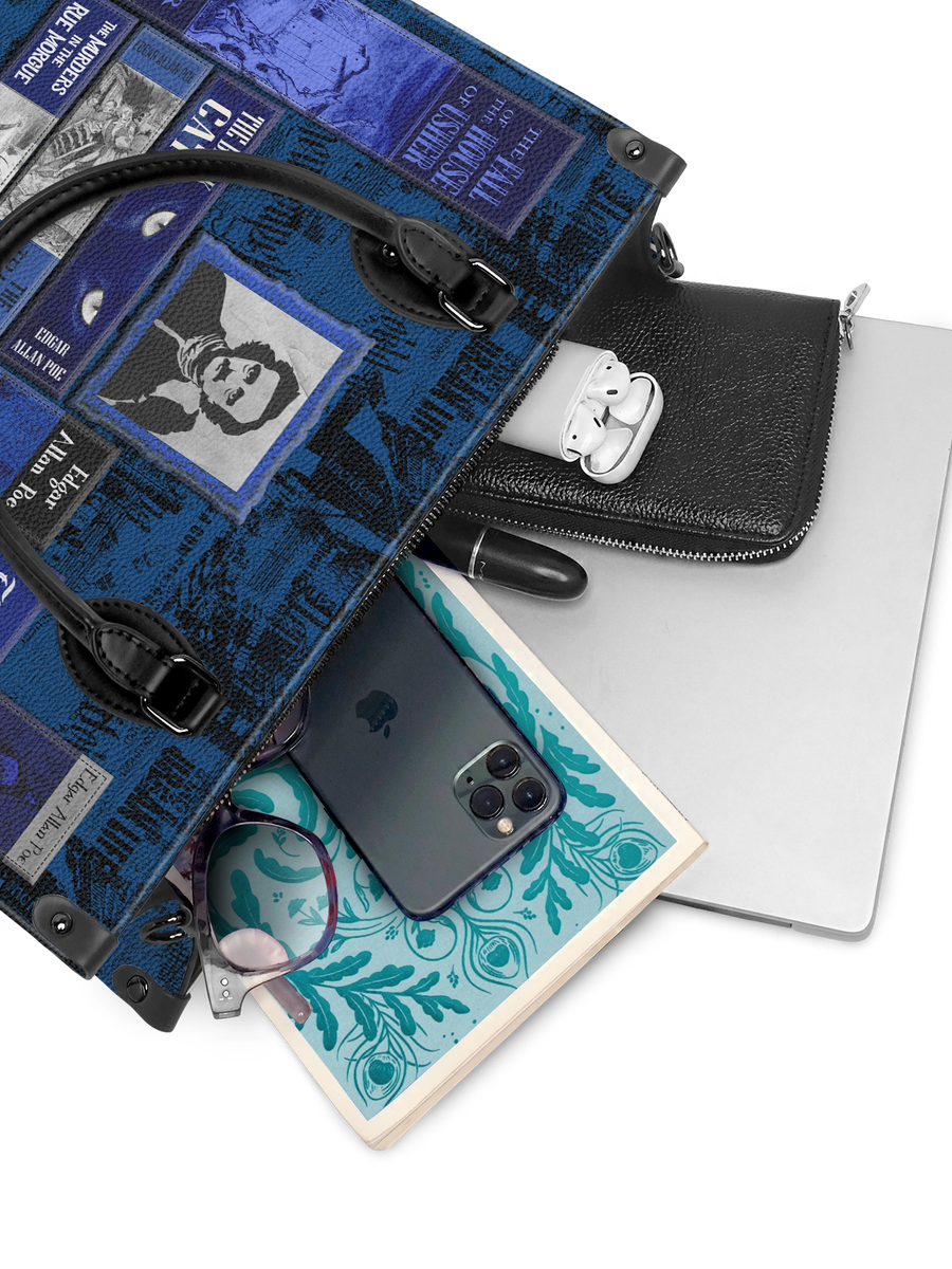 "Poe's Library" Midnight Ink - Black Interior - Leather Handbag