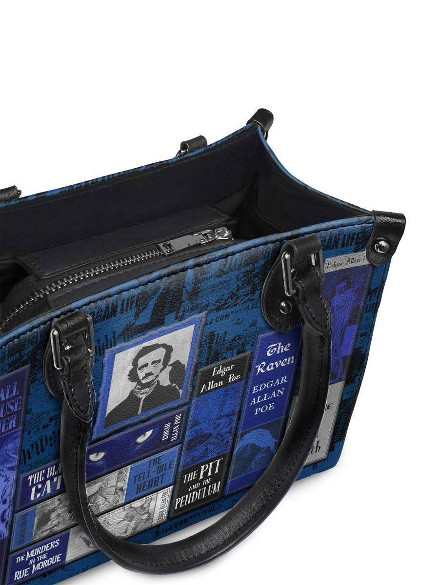 "Poe's Library" Midnight Ink - Black Interior - Small Leather Handbag