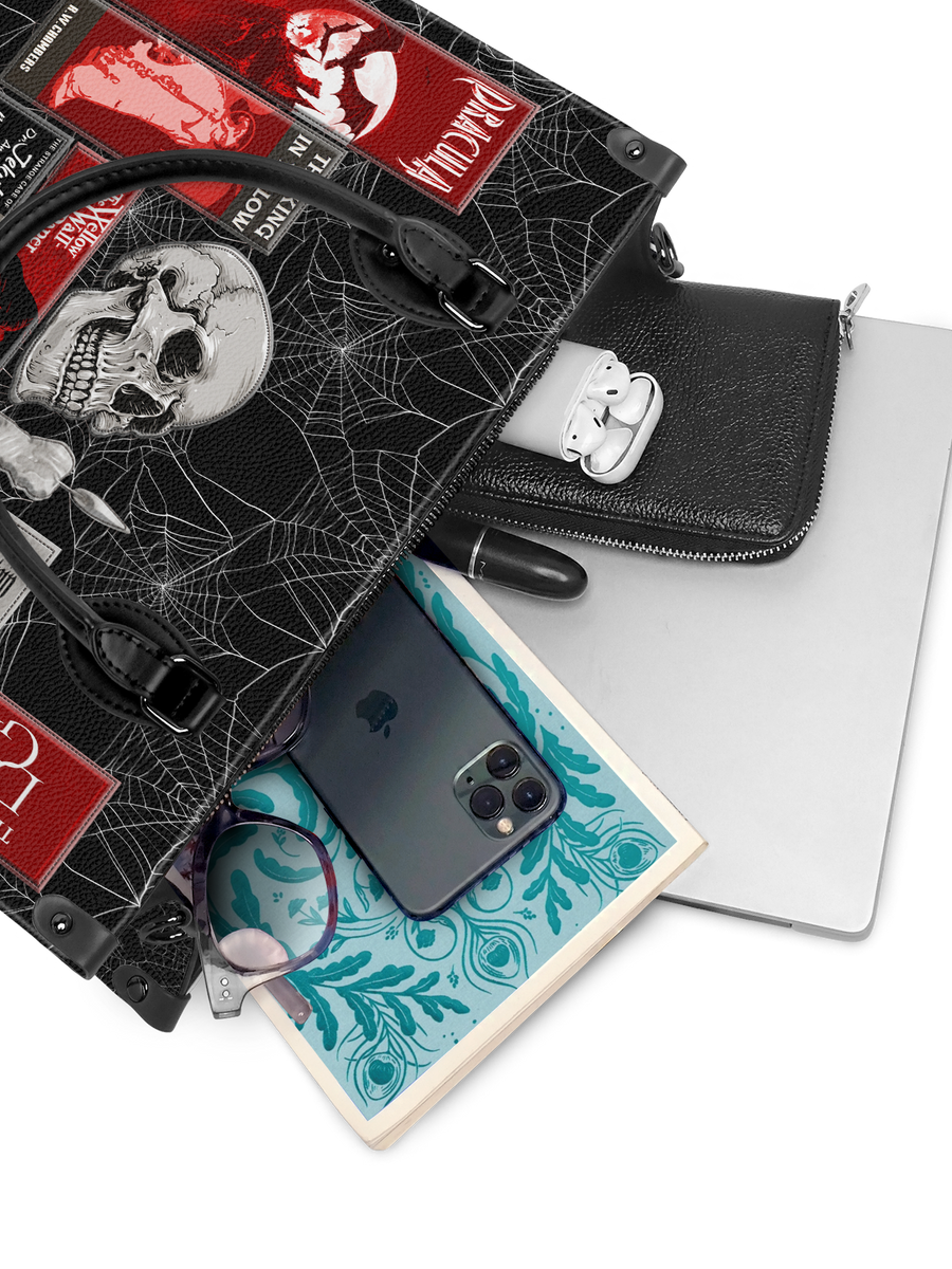 "The Codex of Gothic Tales" Black Widow’s Kiss - Black Interior - Leather Handbag