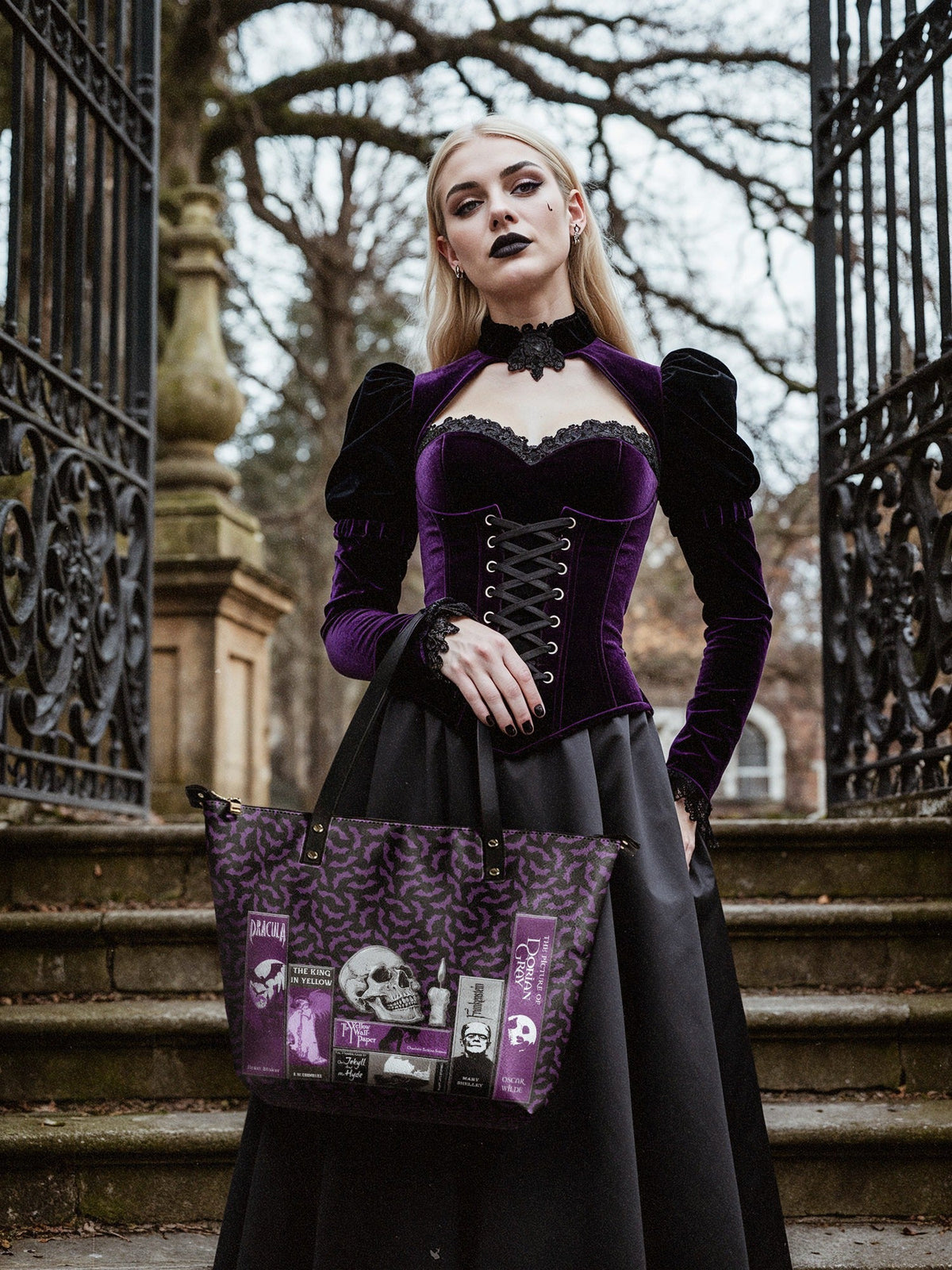 "The Codex of Gothic Tales" Violet Echo Leather Tote Bag
