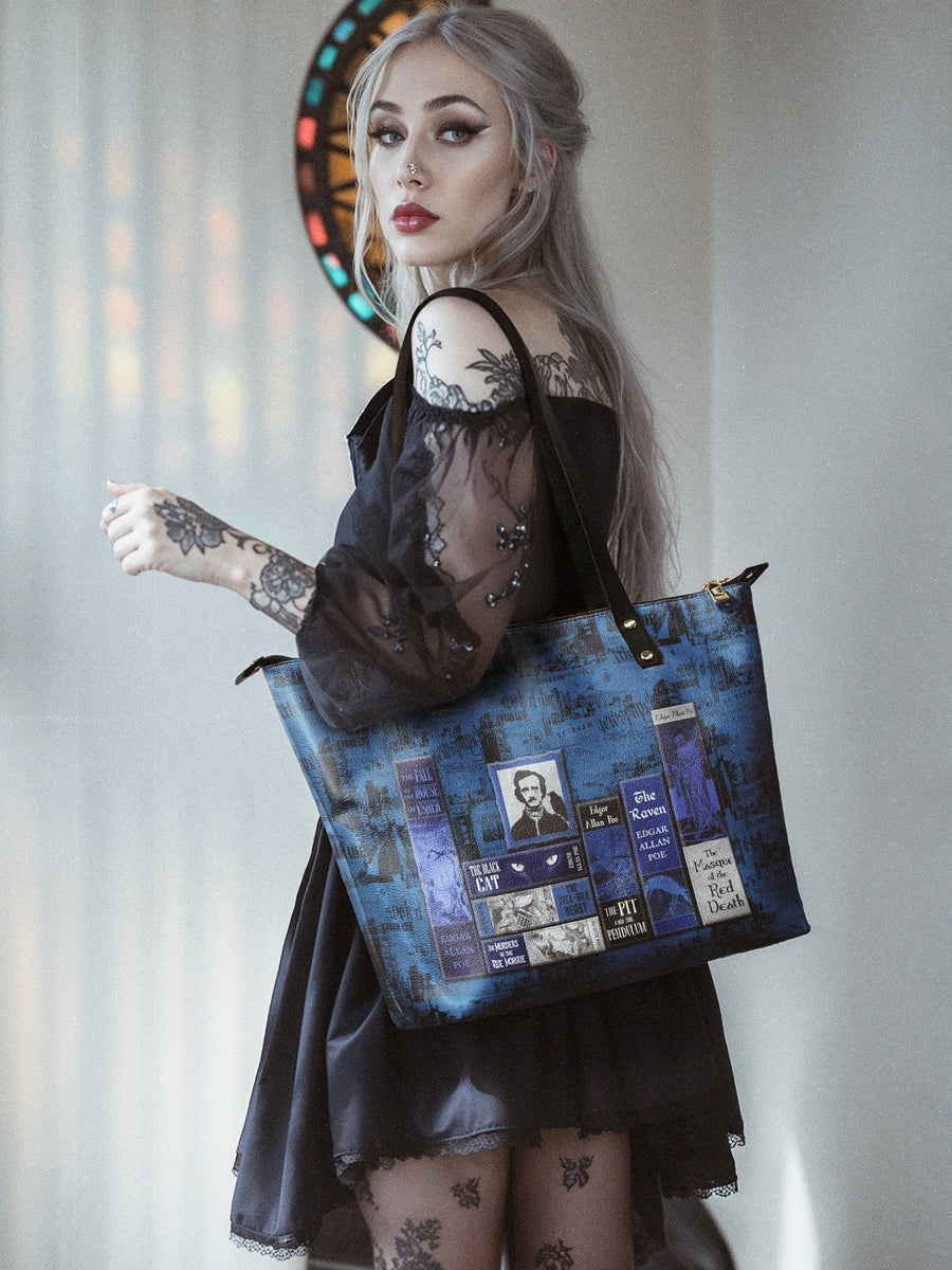 "Poe's Library" Midnight Ink Leather Tote Bag