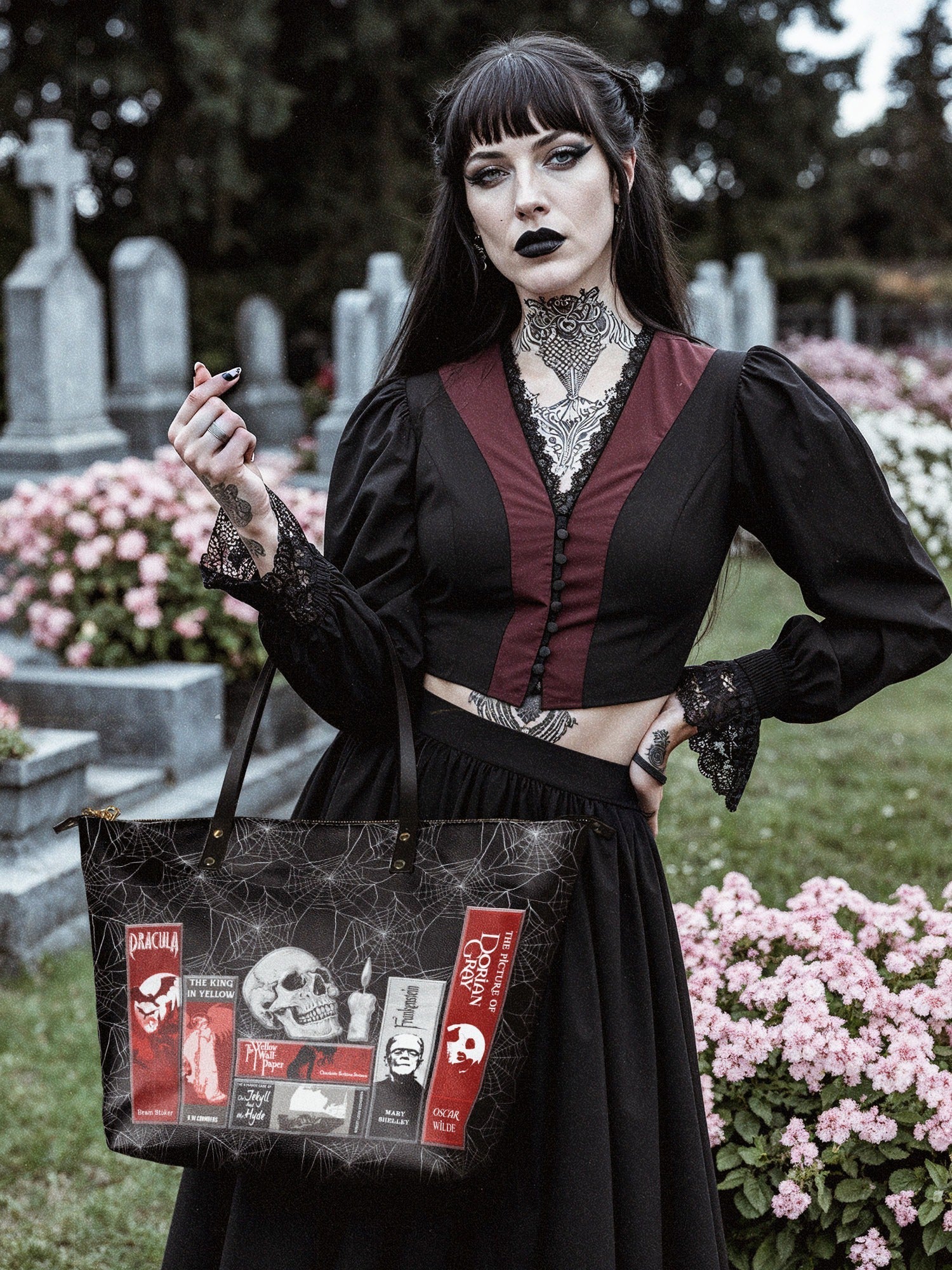 "The Codex of Gothic Tales" Black Widow’s Kiss Leather Tote Bag