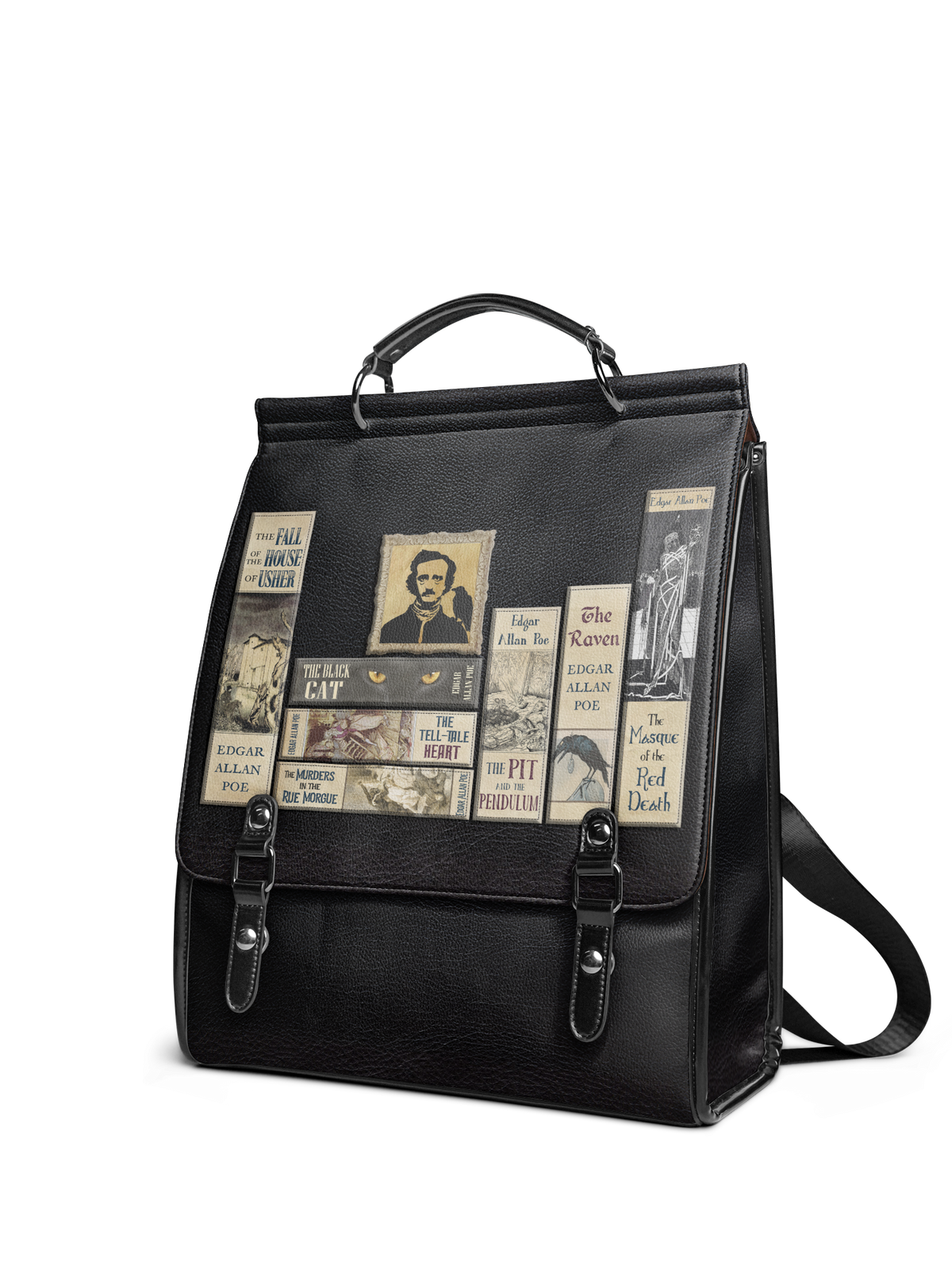 "Poe's Library" Ashen Black Leather Backpack