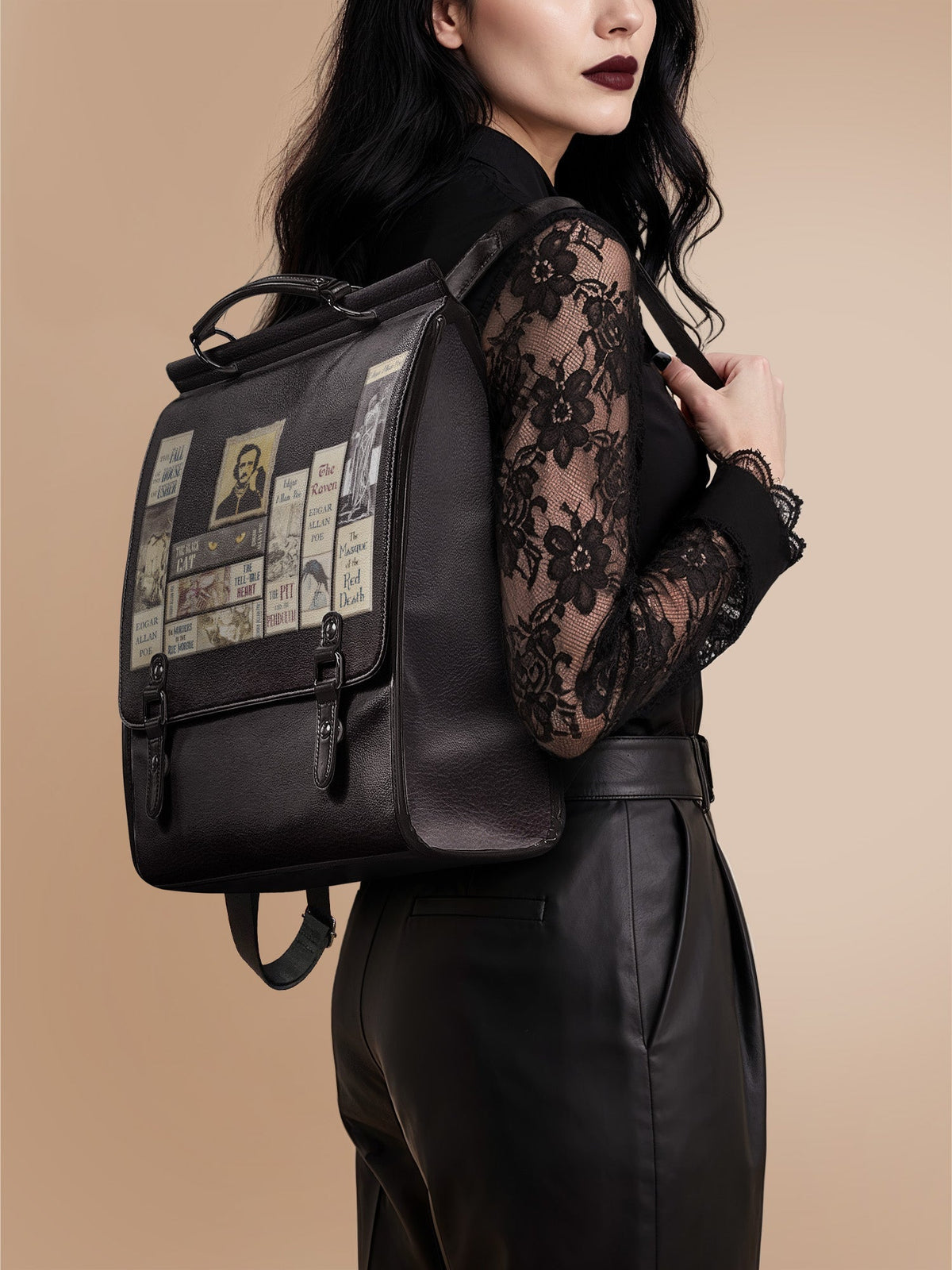 "Poe's Library" Ashen Black Leather Backpack