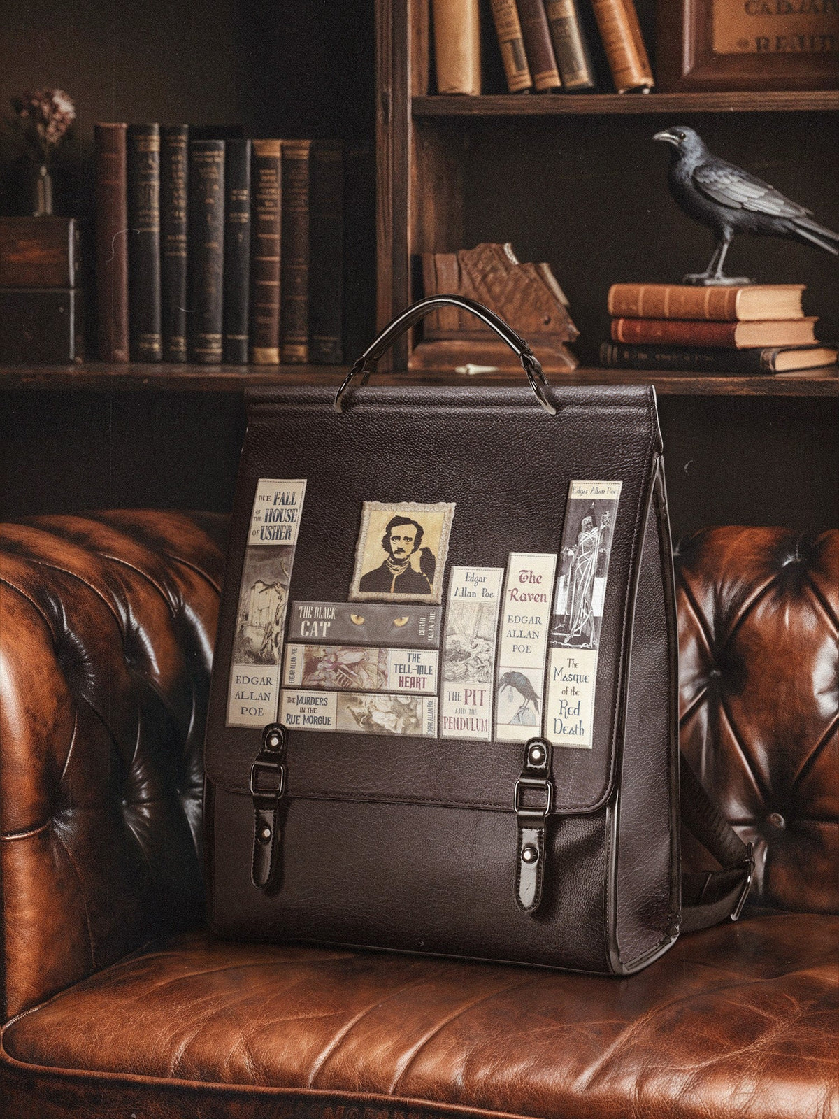 "Poe's Library" Ashen Black Leather Backpack