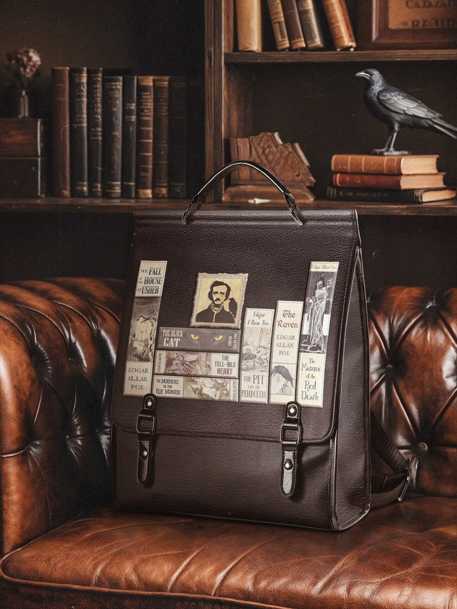"Poe's Library" Ashen Black Leather Backpack