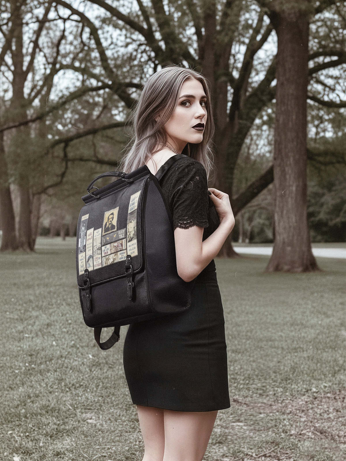"Poe's Library" Ashen Black Leather Backpack