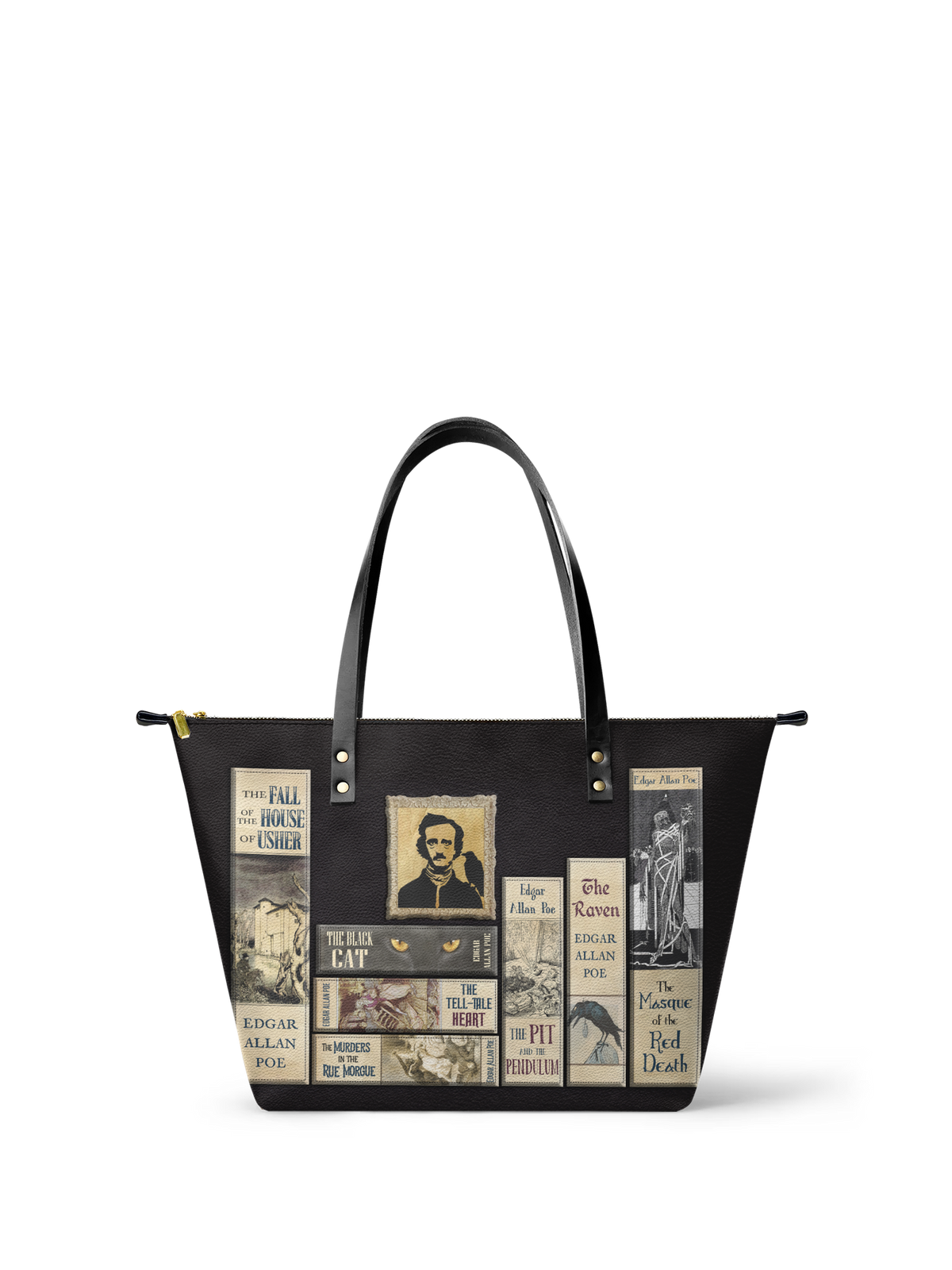 "Poe's Library" Ashen Black Leather Tote Bag