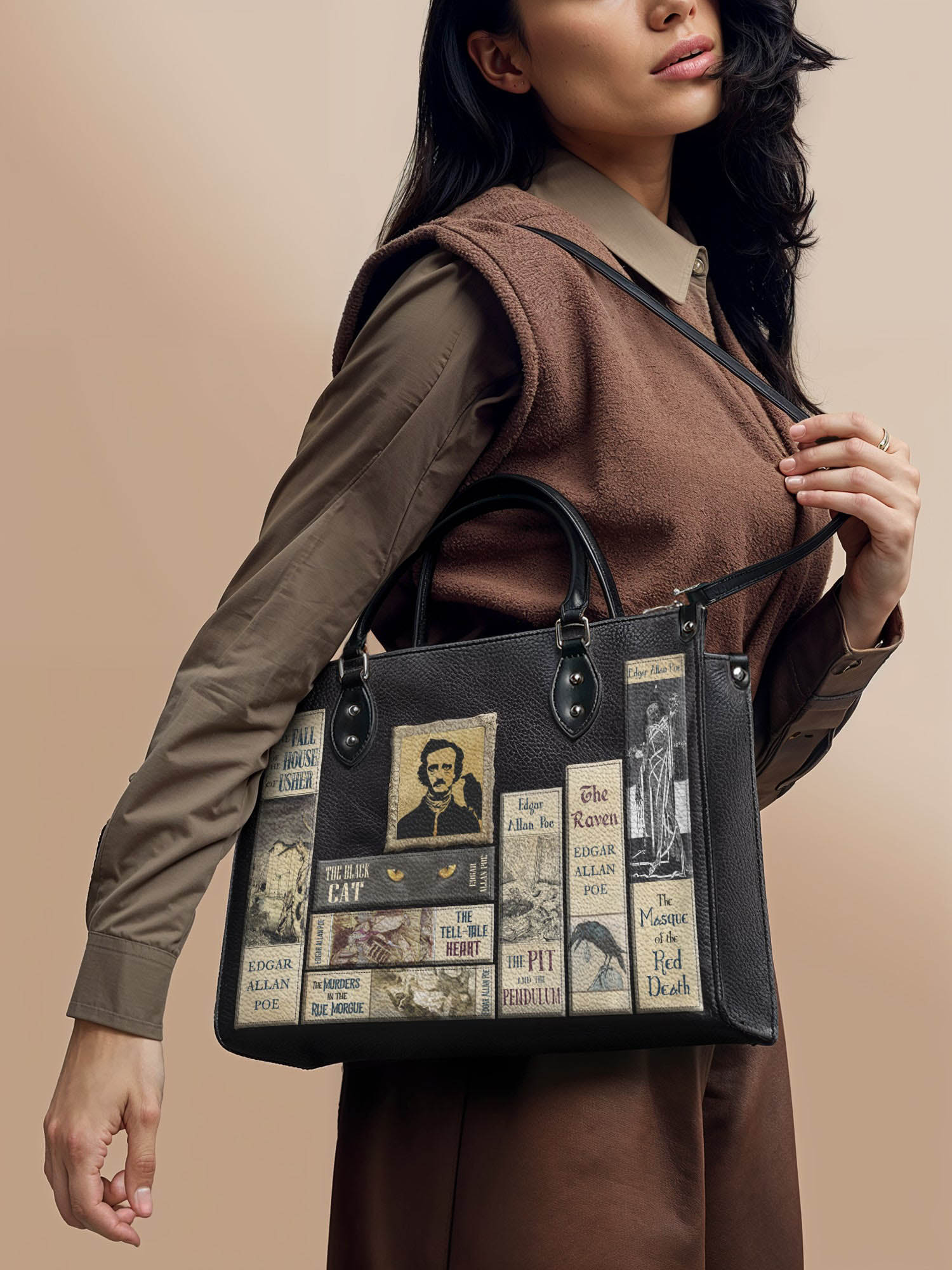 "Poe's Library" Ashen Black - Black Interior - Leather Handbag