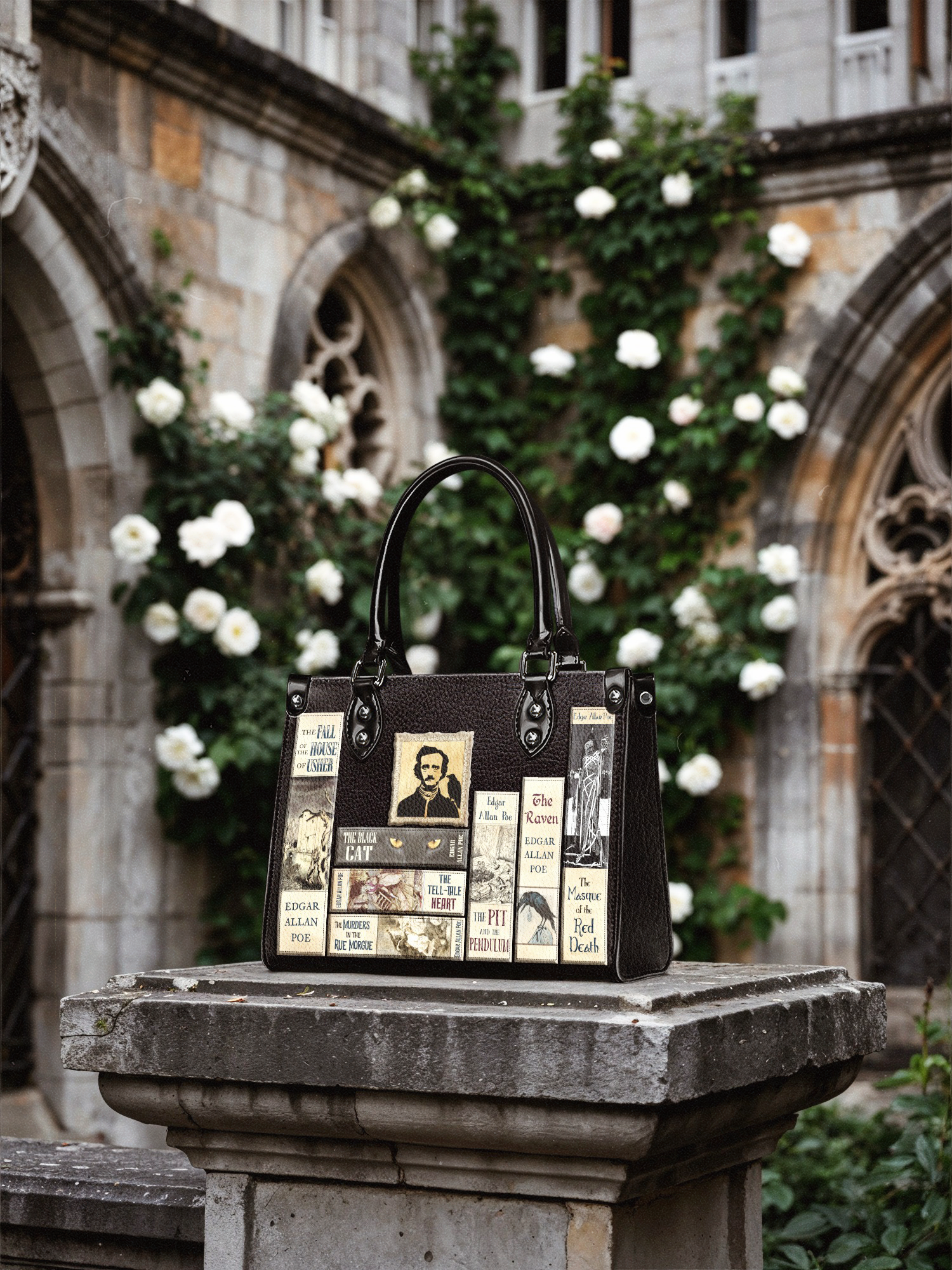 "Poe's Library" Ashen Black - Black Interior - Small Leather Handbag