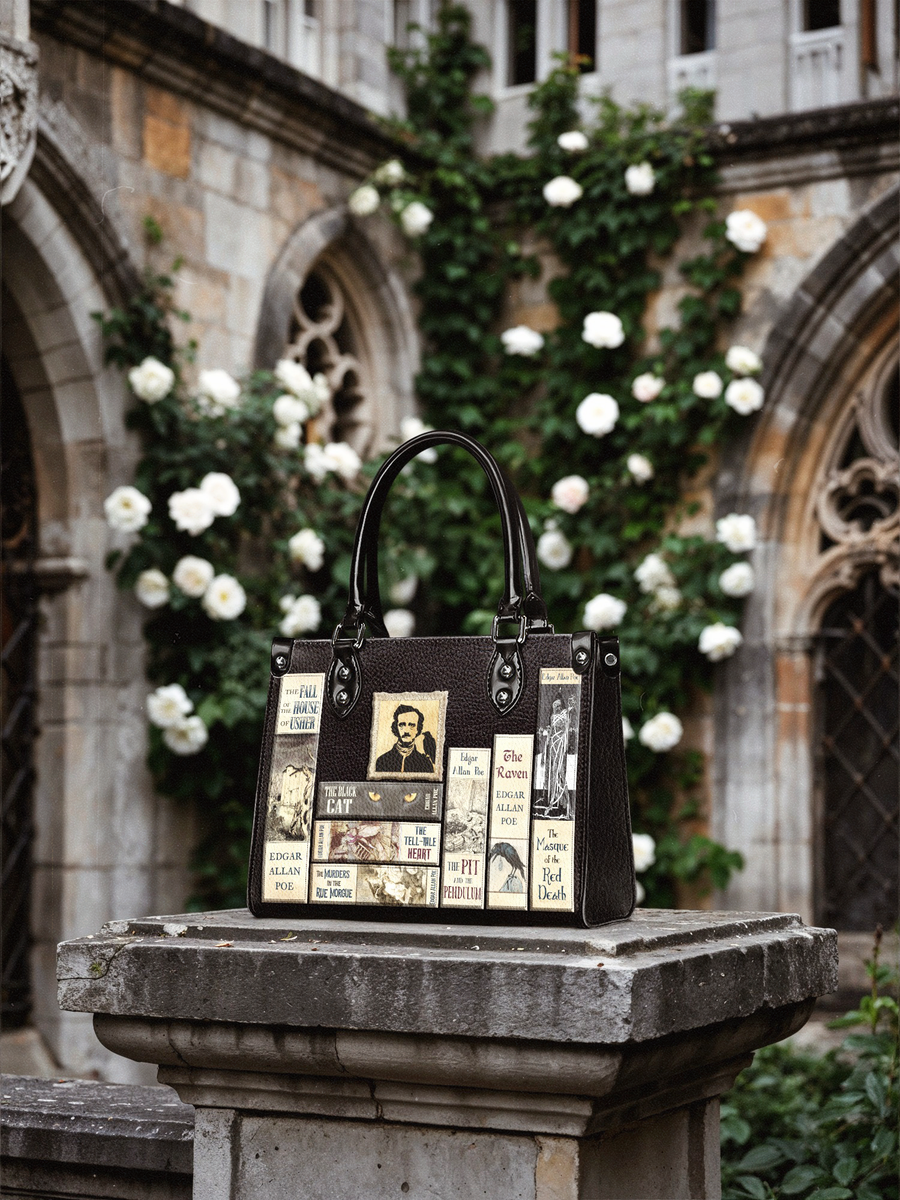 "Poe's Library" Ashen Black - Black Interior - Small Leather Handbag
