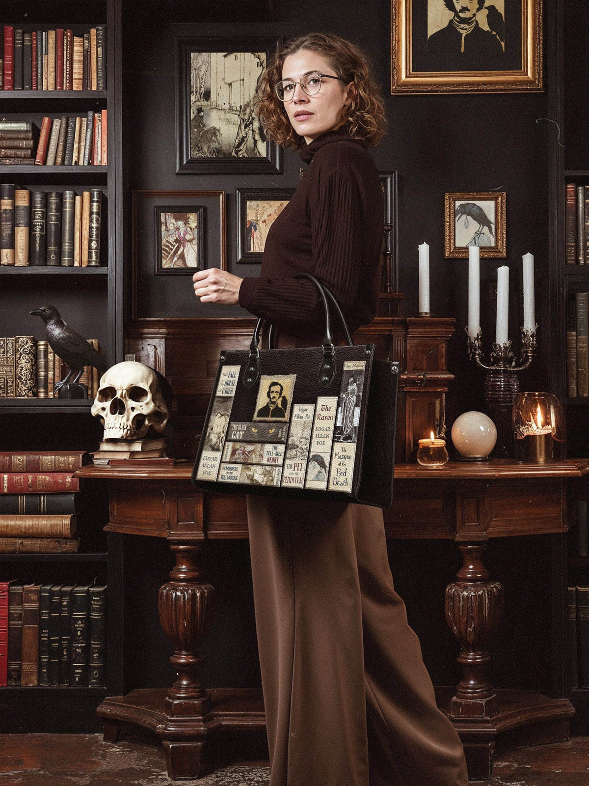 "Poe's Library" Ashen Black - Black Interior - Leather Handbag