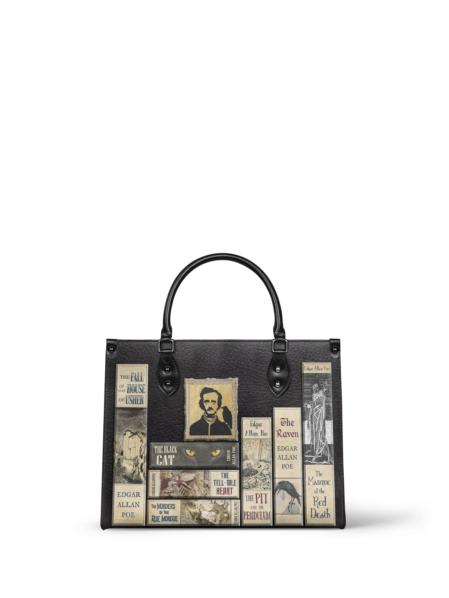 "Poe's Library" Ashen Black - Black Interior - Leather Handbag