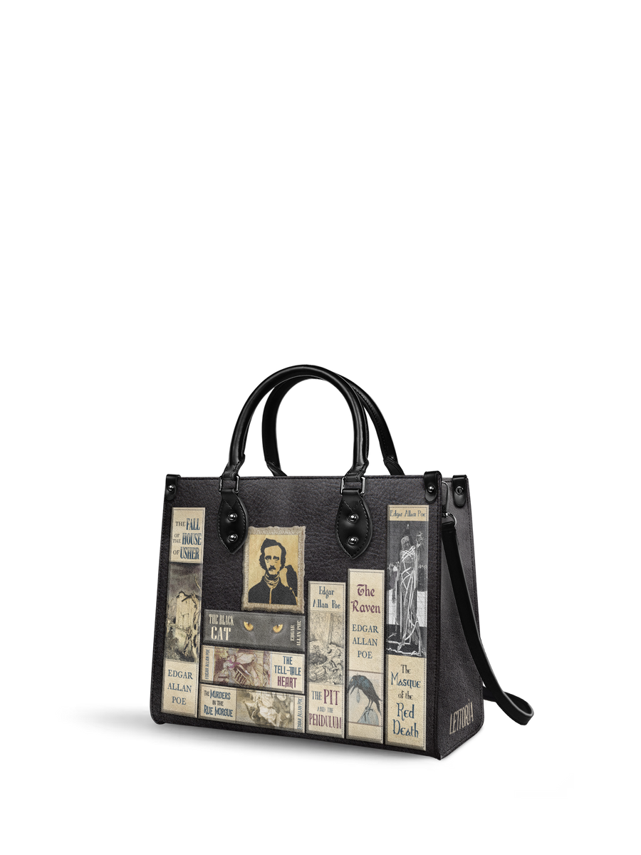 "Poe's Library" Ashen Black - Black Interior - Leather Handbag