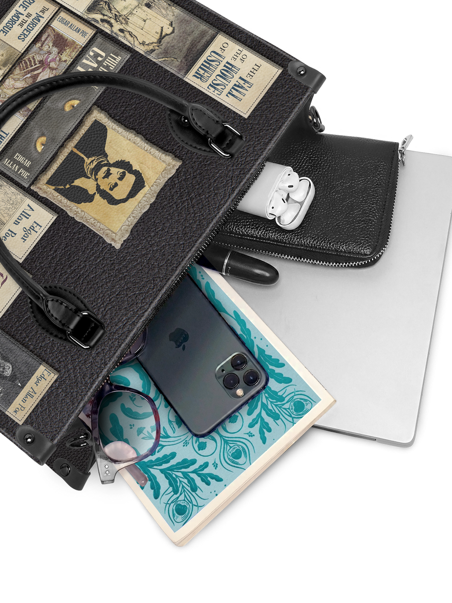"Poe's Library" Ashen Black - Black Interior - Leather Handbag