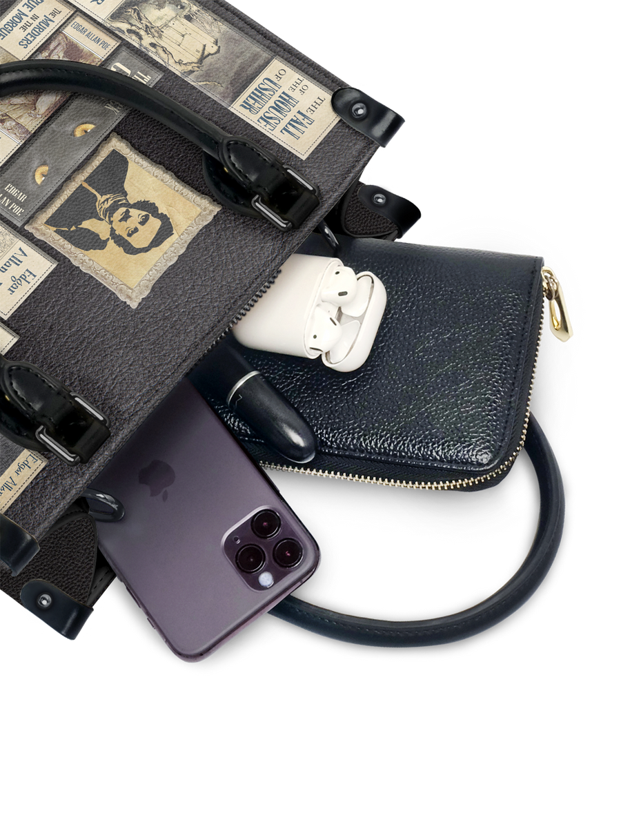 "Poe's Library" Ashen Black - Black Interior - Small Leather Handbag