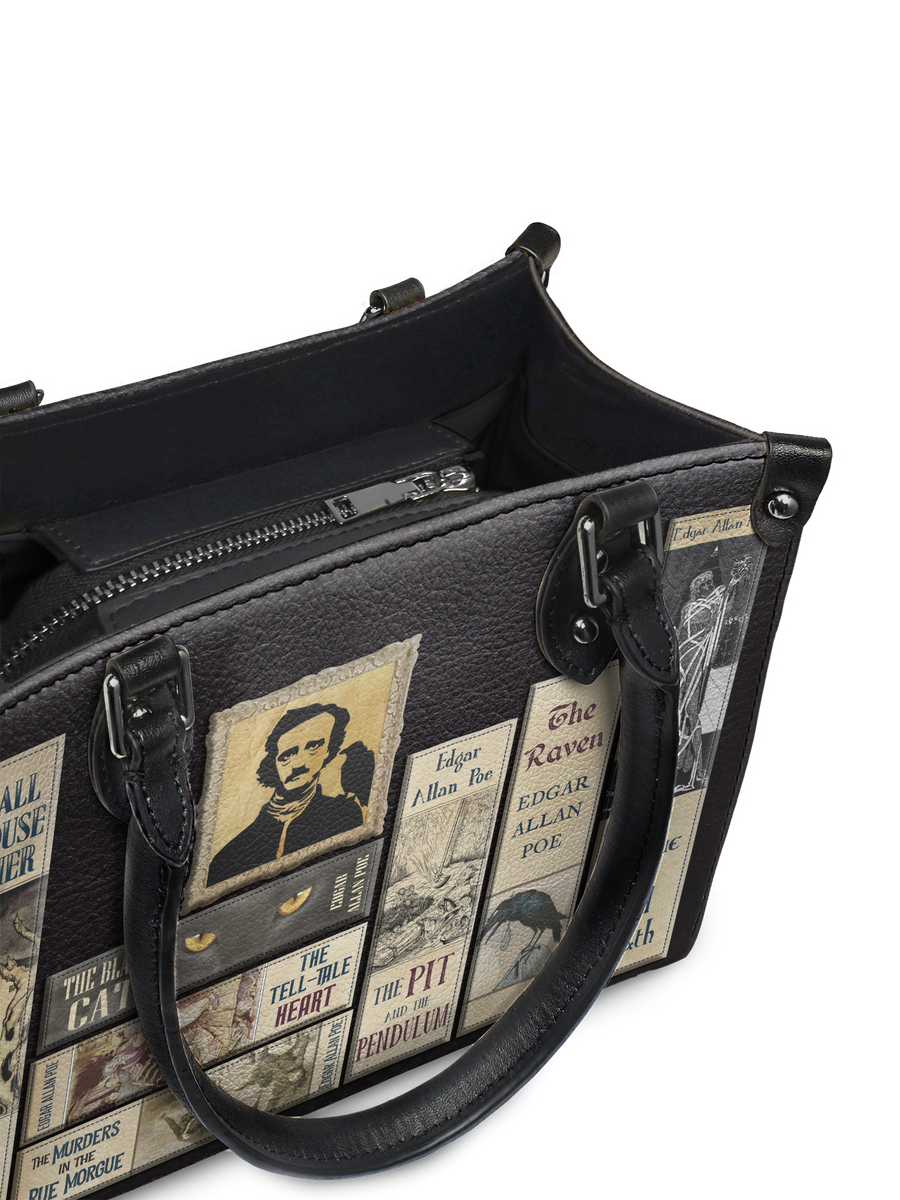 "Poe's Library" Ashen Black - Black Interior - Small Leather Handbag