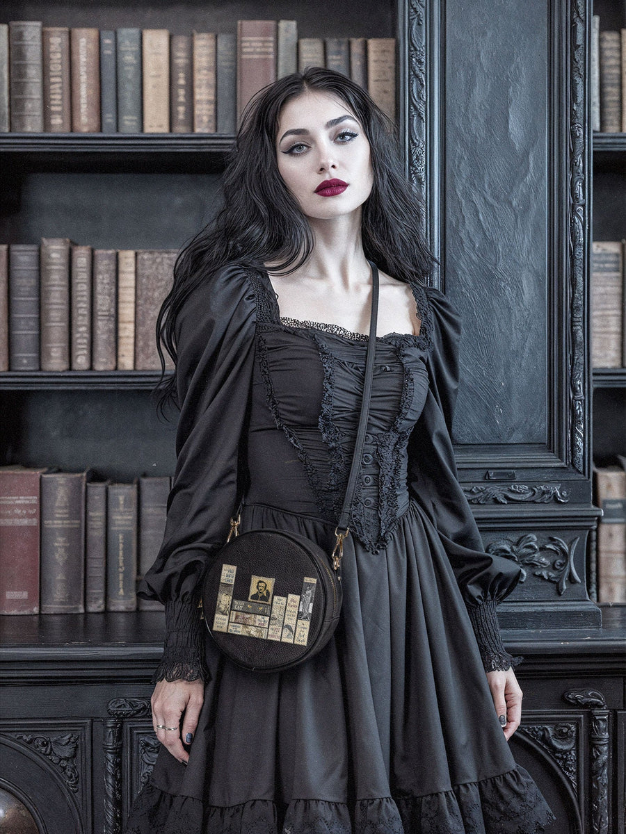"Poe's Library" Ashen Black Circle Crossbody Bag