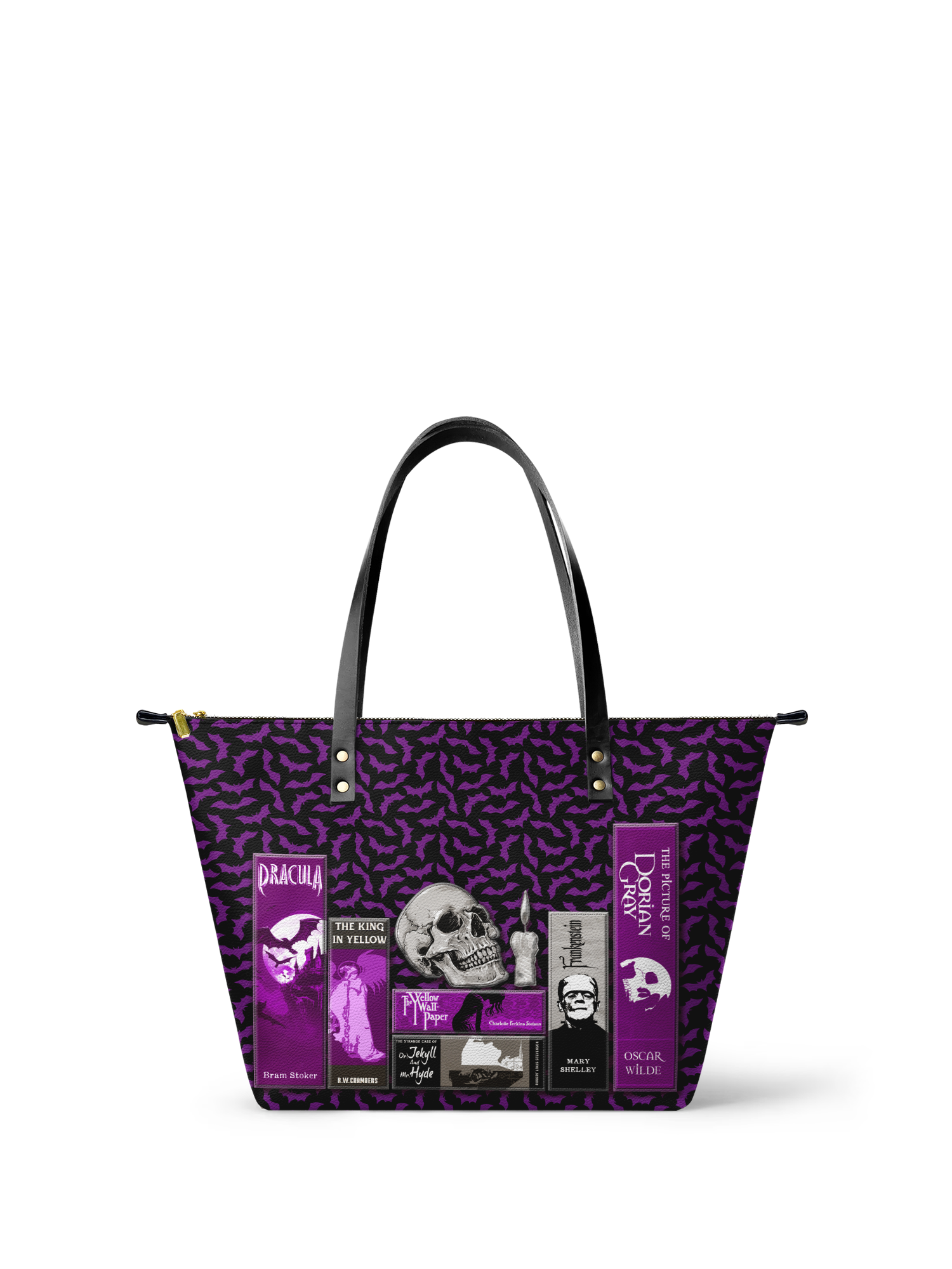 "The Codex of Gothic Tales" Violet Echo Leather Tote Bag