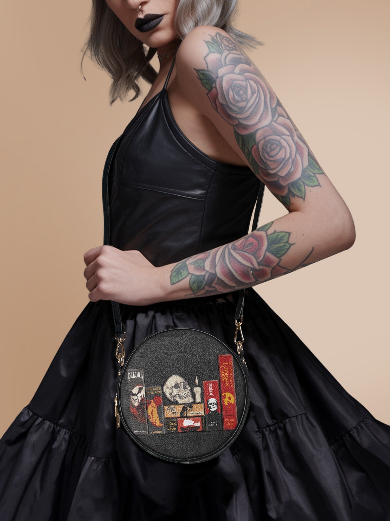 "The Codex of Gothic Tales" Deadlight Black Circle Crossbody Bag